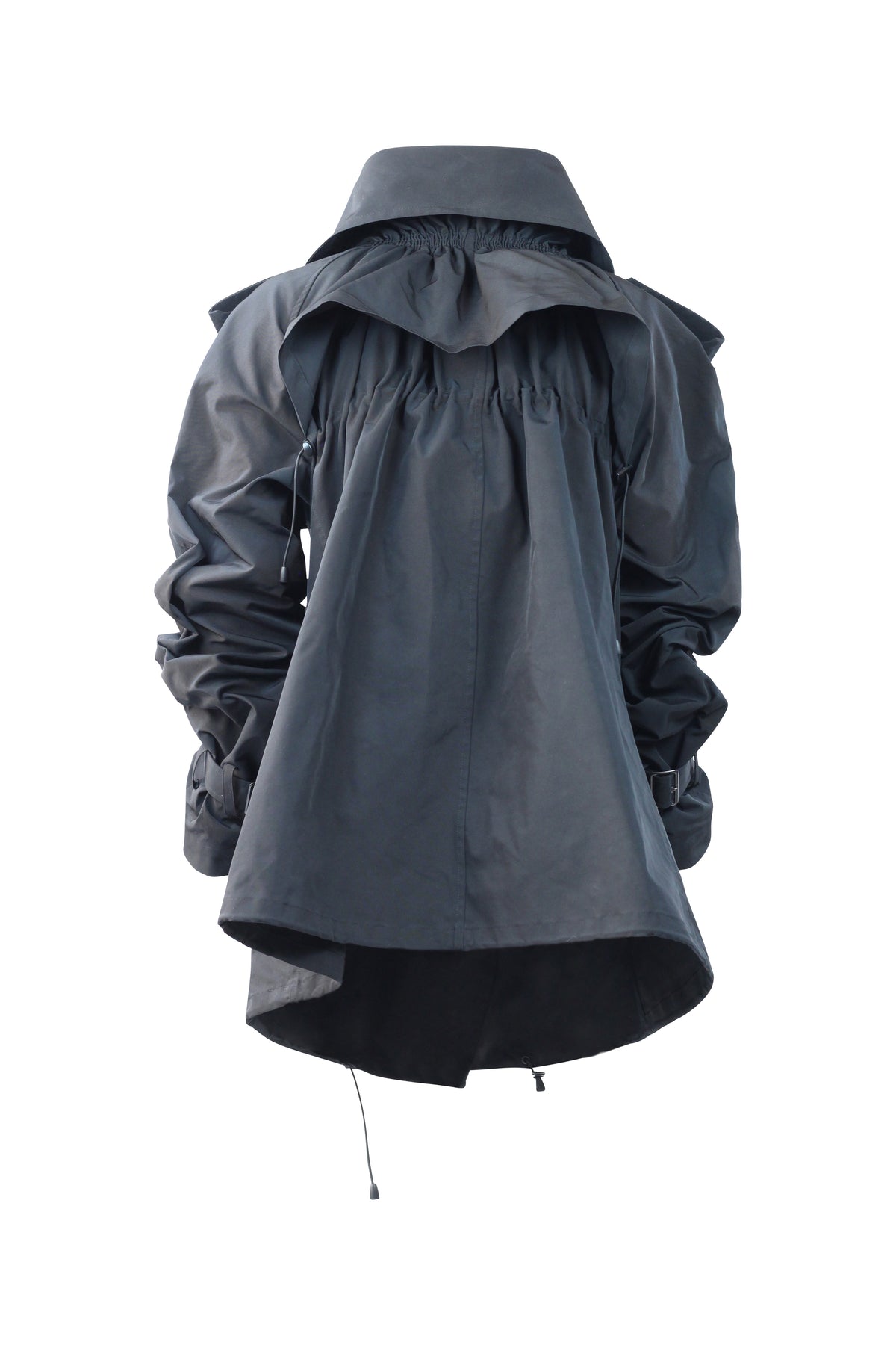 Black Double-Breasted Trench Coat with Ruched Sleeves