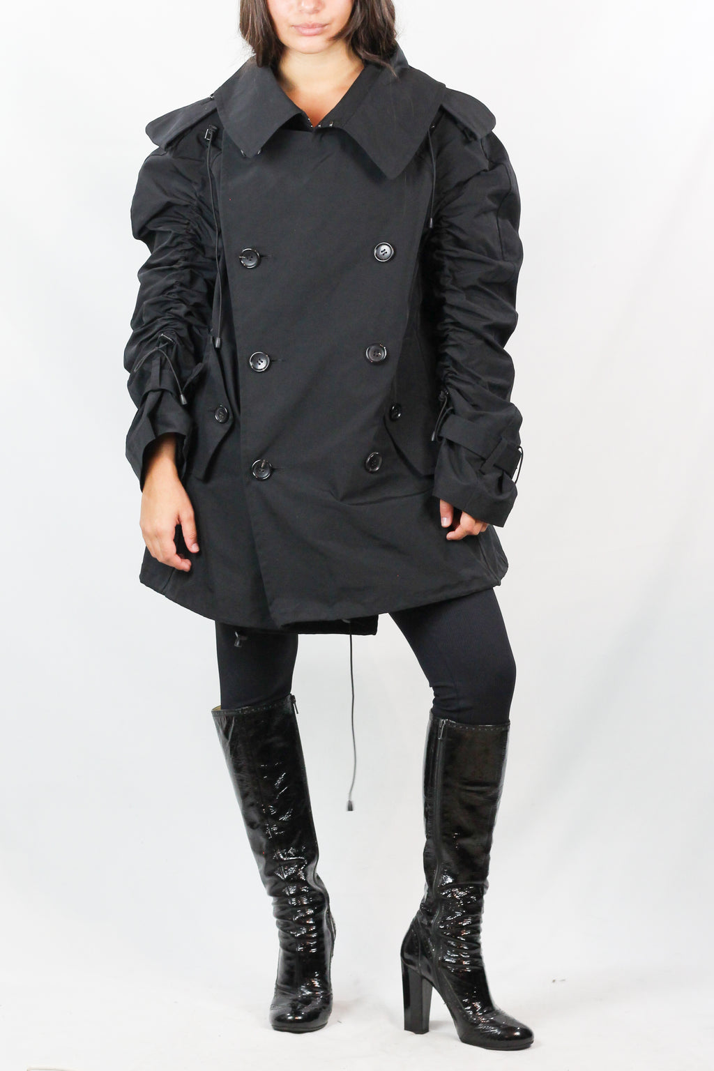 Black Double-Breasted Trench Coat with Ruched Sleeves