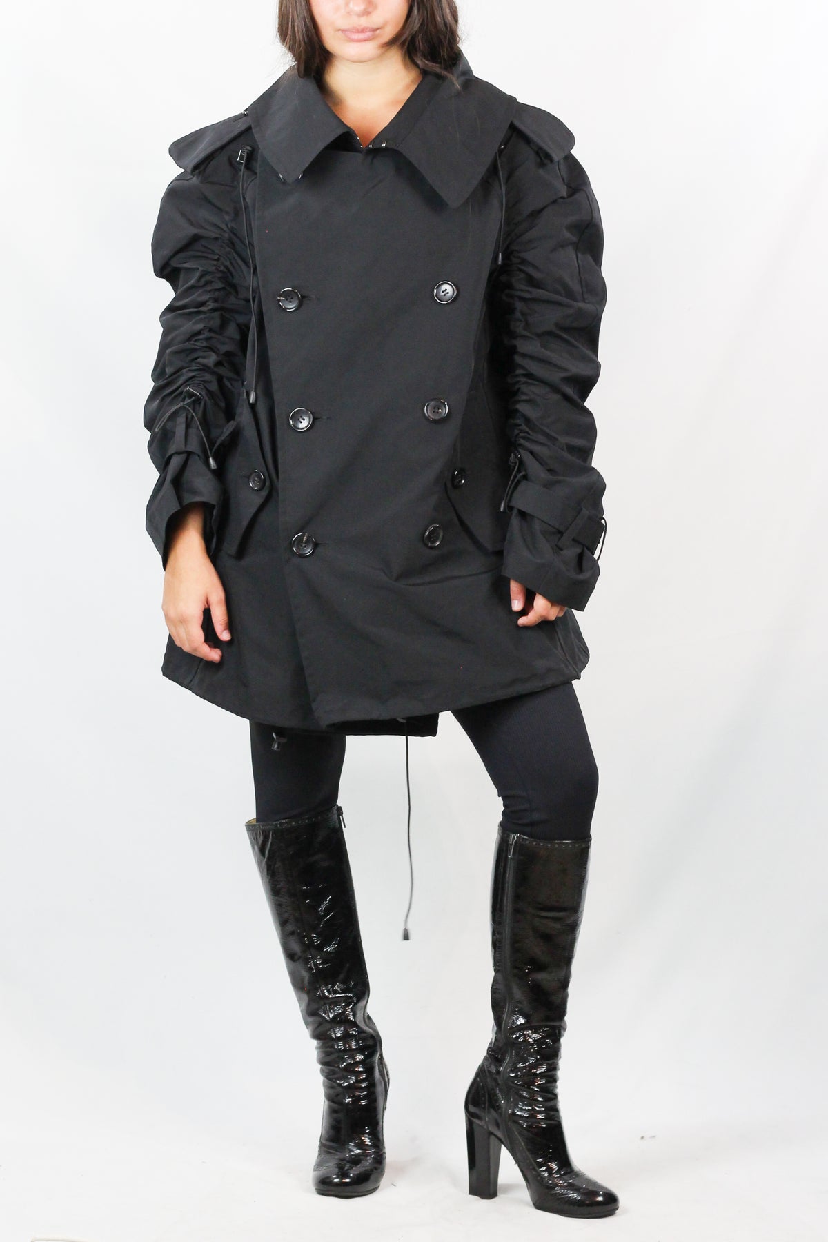 Black Double-Breasted Trench Coat with Ruched Sleeves