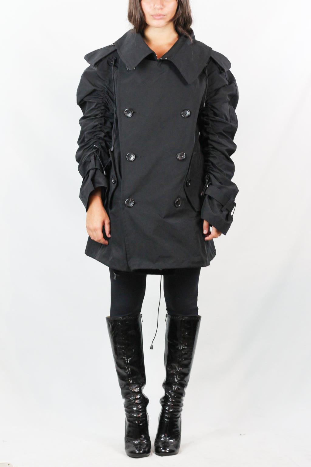 Black Double-Breasted Trench Coat with Ruched Sleeves