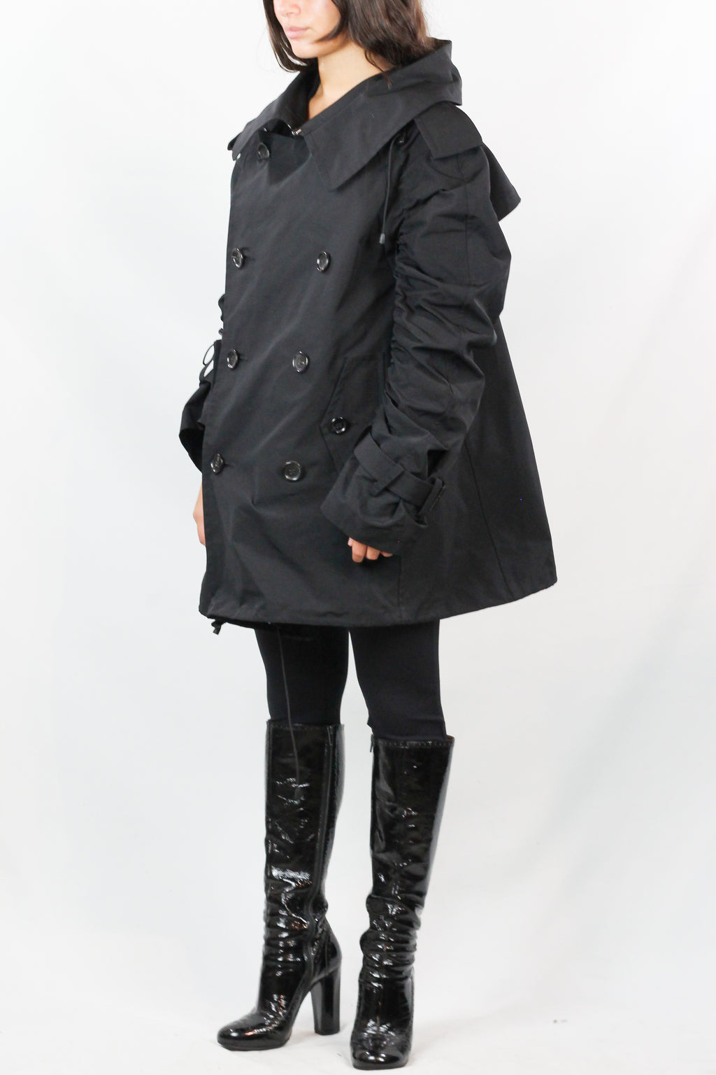 Black Double-Breasted Trench Coat with Ruched Sleeves