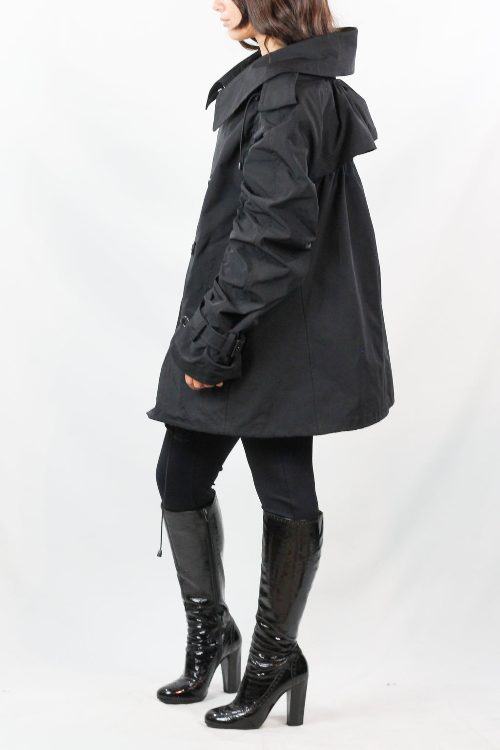 Black Double-Breasted Trench Coat with Ruched Sleeves