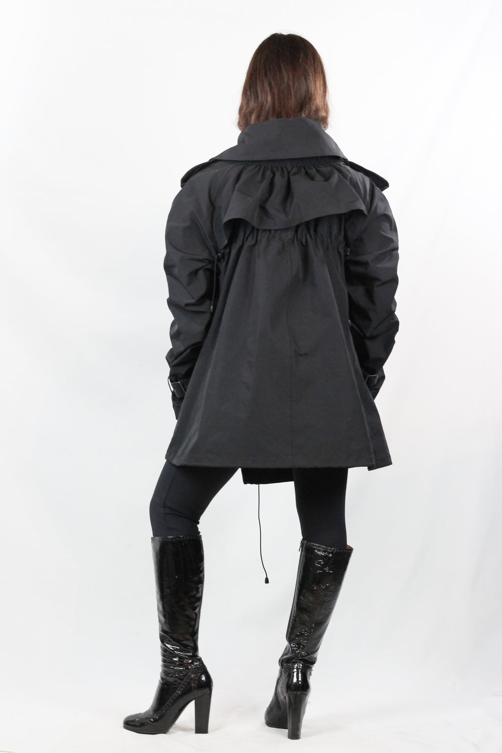 Black Double-Breasted Trench Coat with Ruched Sleeves
