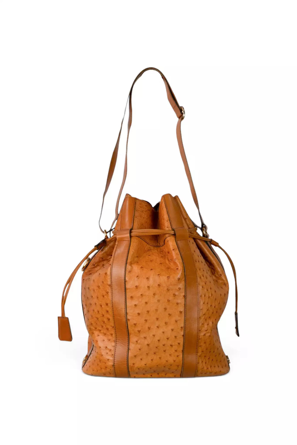 Ostrich Leather Drawstring Bucket Bag