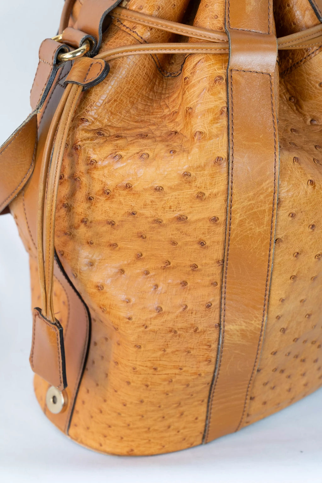 Ostrich Leather Drawstring Bucket Bag