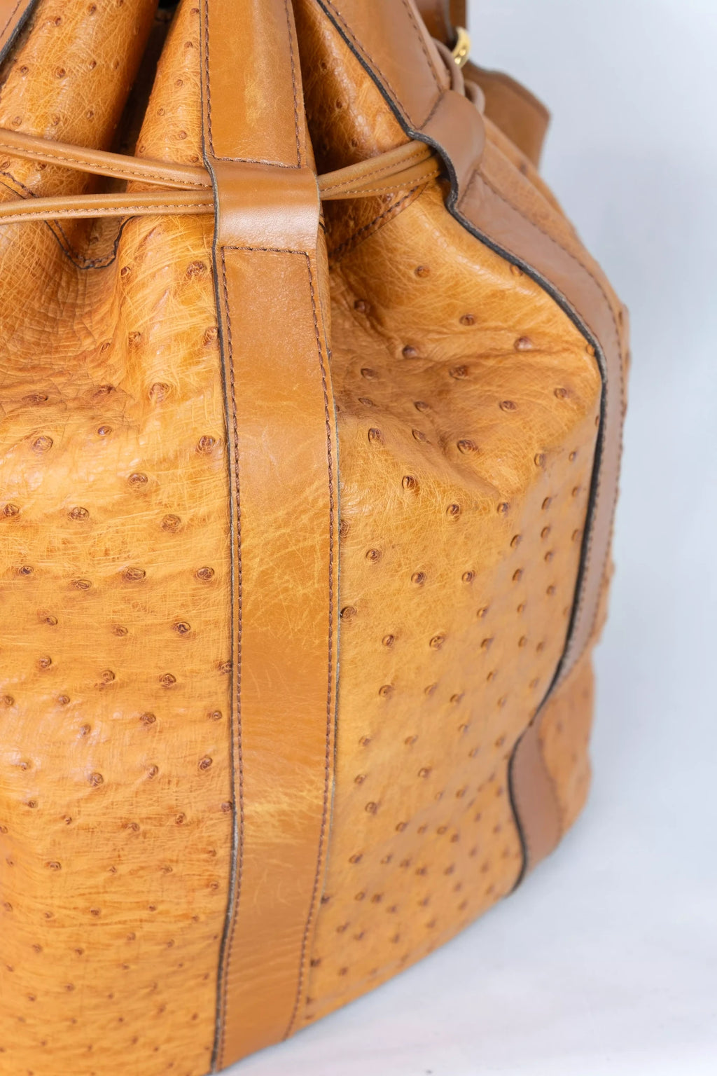 Ostrich Leather Drawstring Bucket Bag