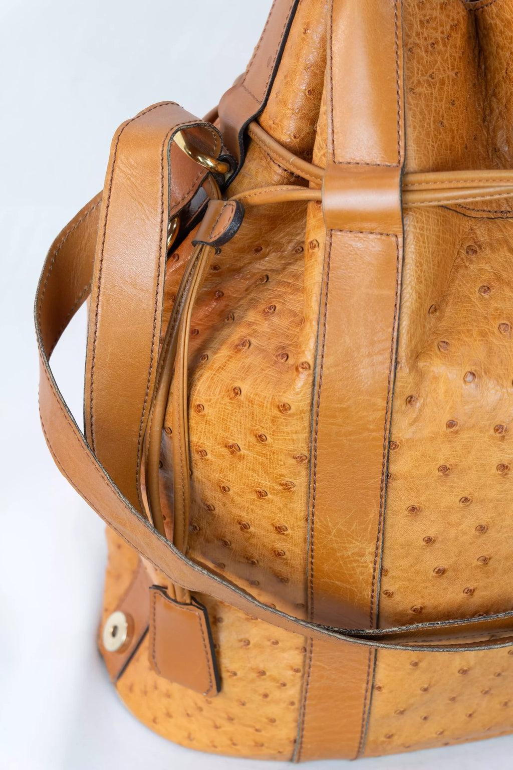Ostrich Leather Drawstring Bucket Bag