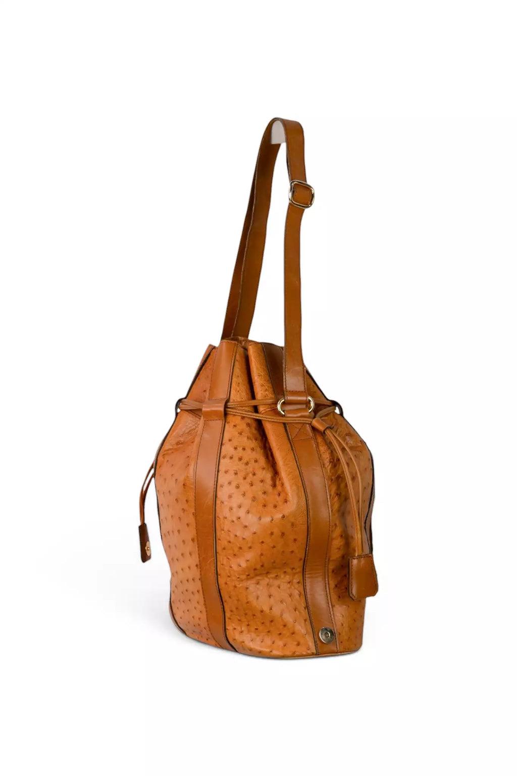 Ostrich Leather Drawstring Bucket Bag