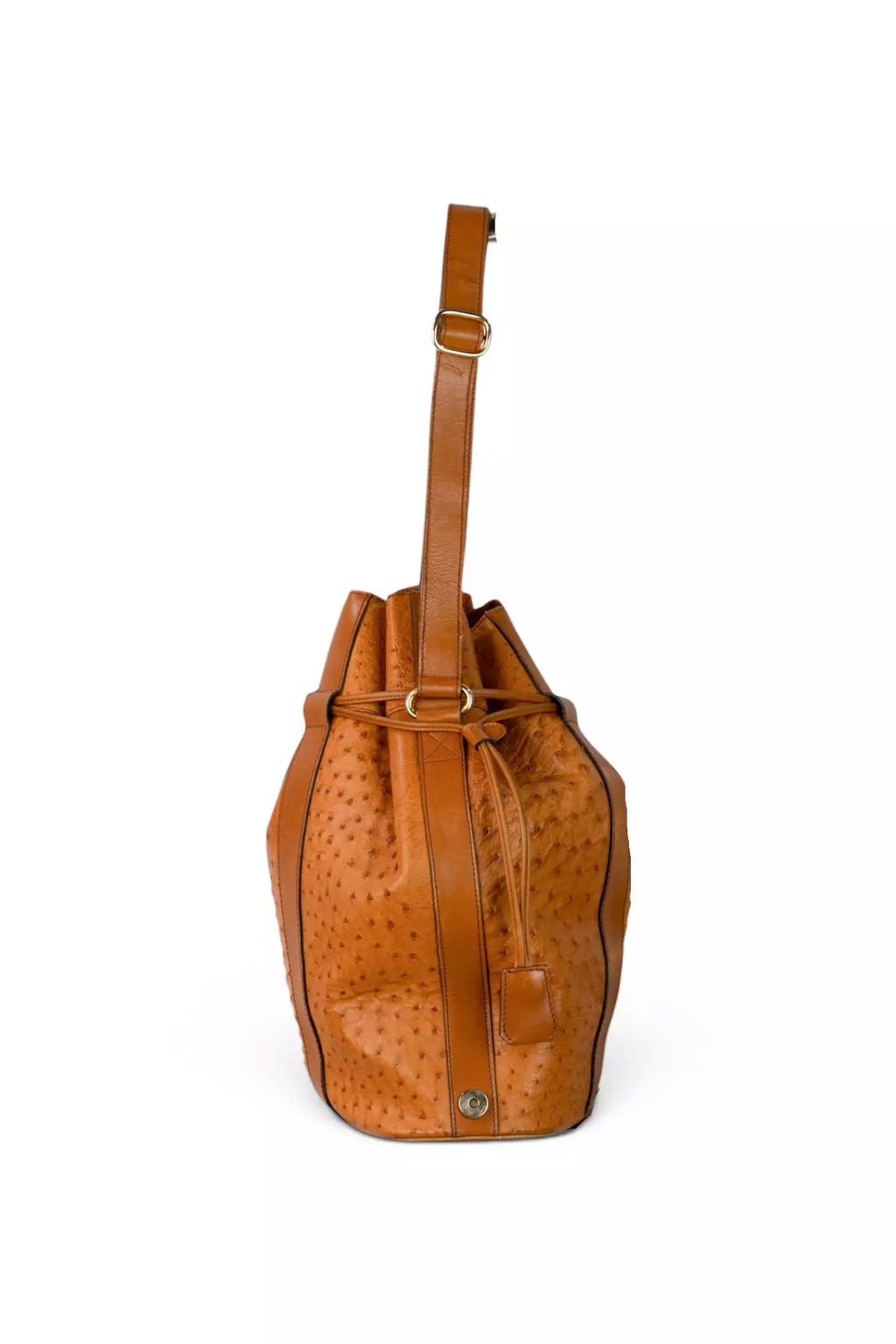 Ostrich Leather Drawstring Bucket Bag