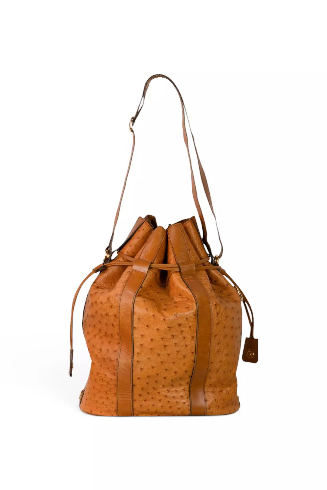 Ostrich Leather Drawstring Bucket Bag