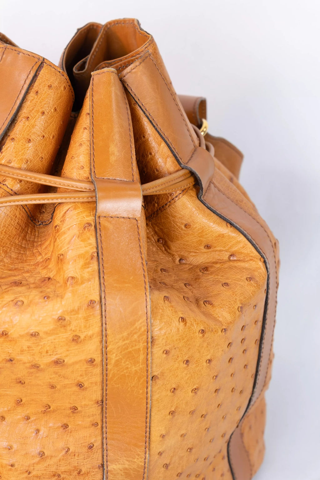 Ostrich Leather Drawstring Bucket Bag
