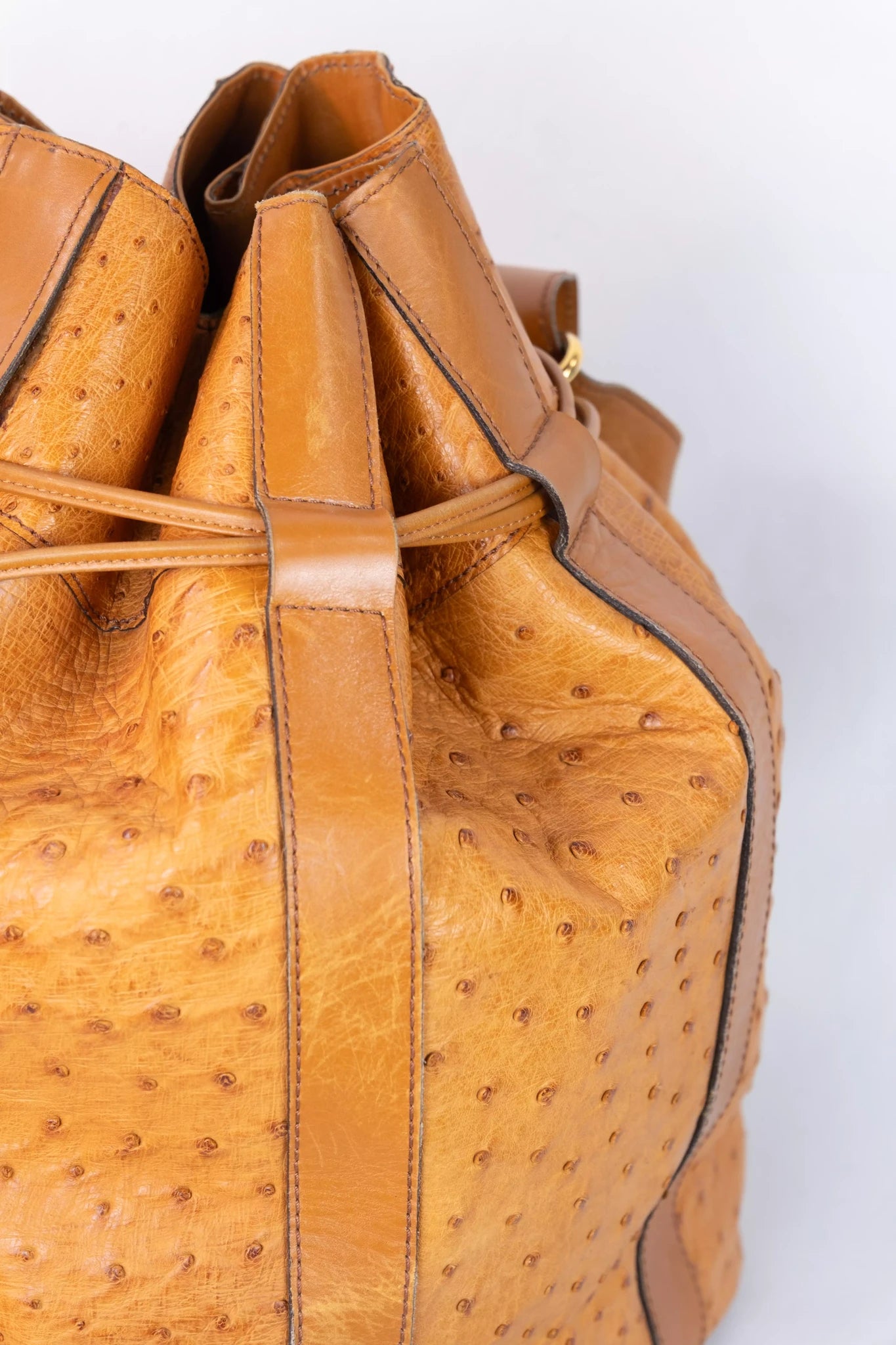 Ostrich Leather Drawstring Bucket Bag
