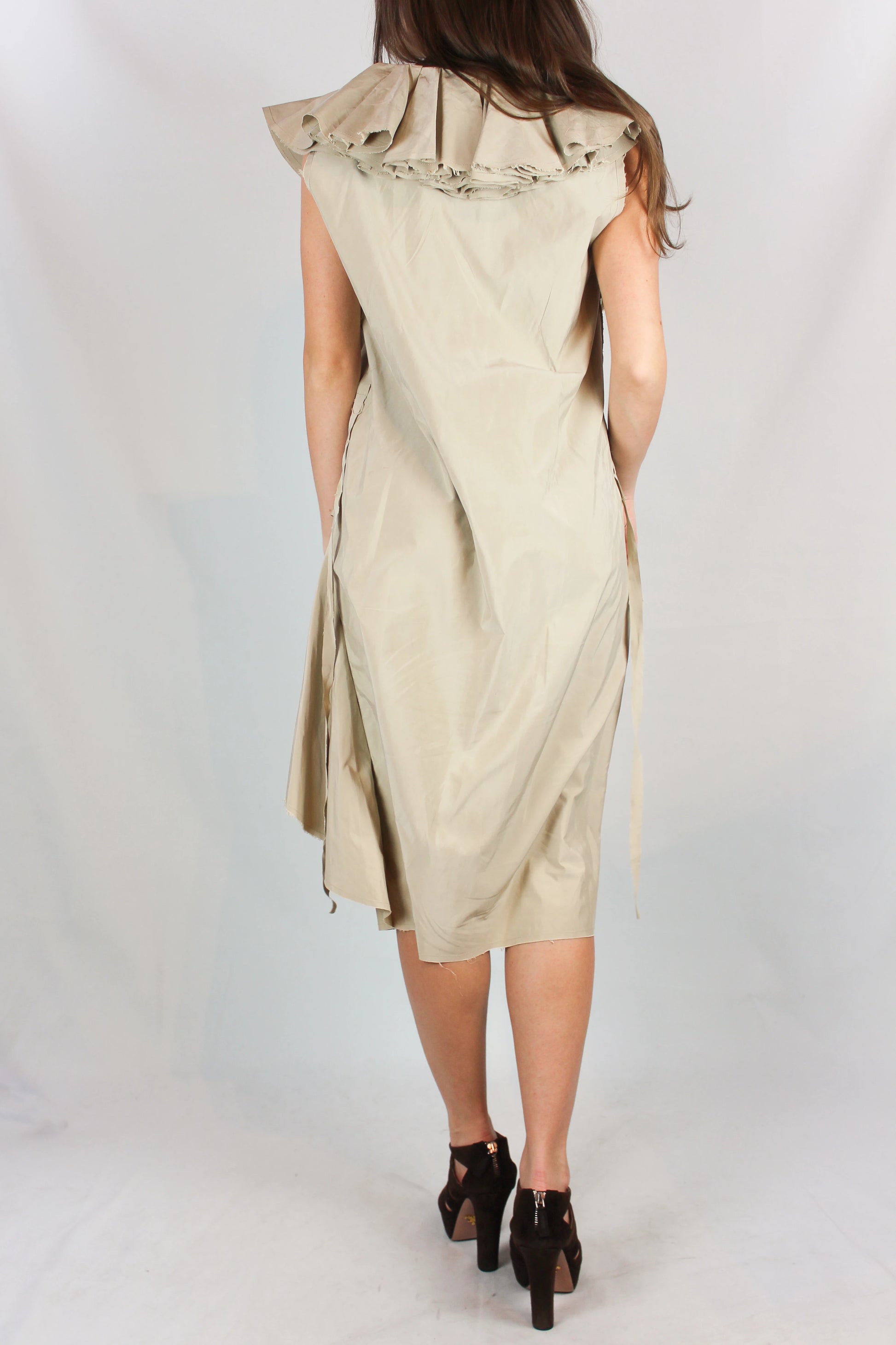 Beige Deep V-Neck Dress with Maxi Ruching Detail