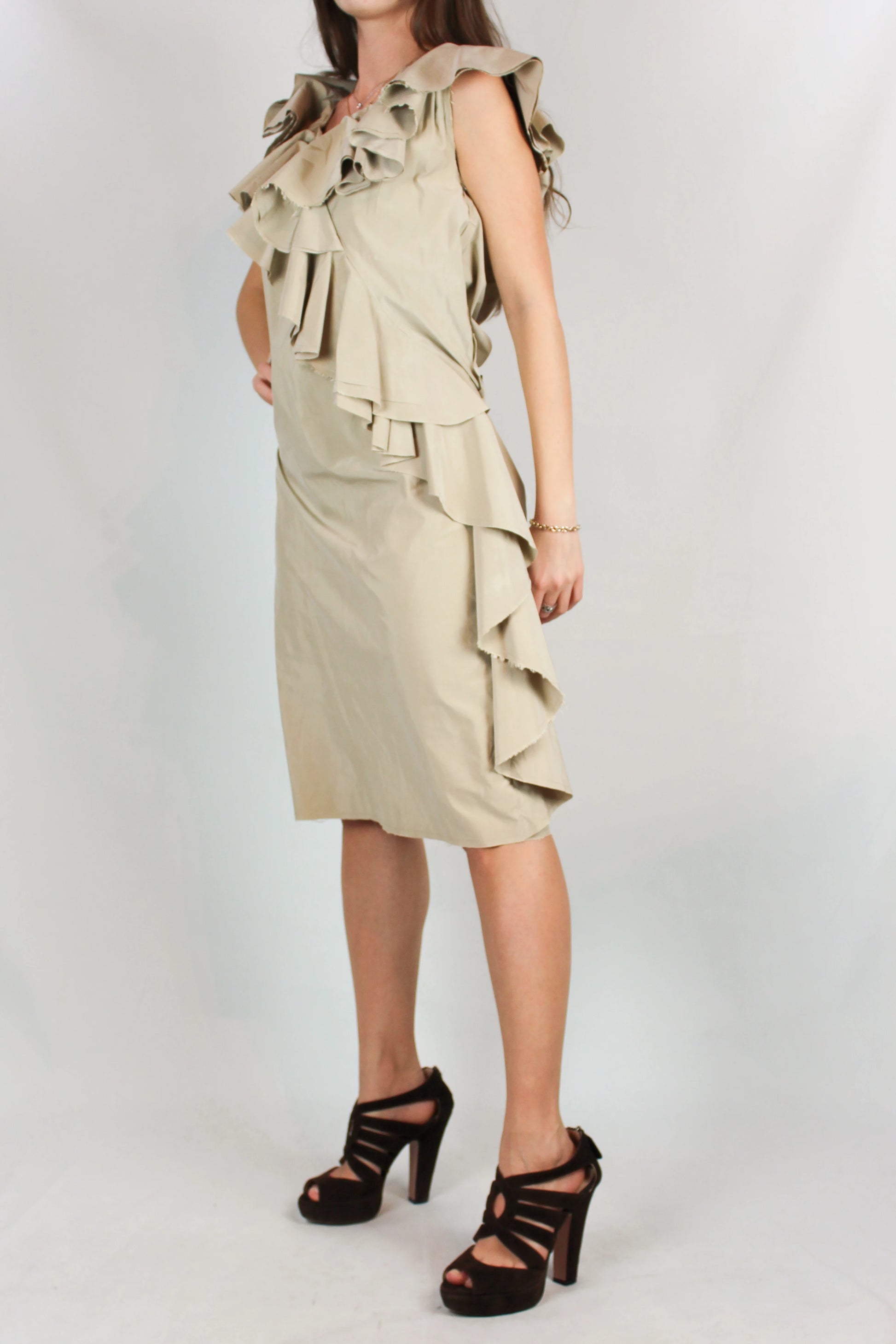 Beige Deep V-Neck Dress with Maxi Ruching Detail
