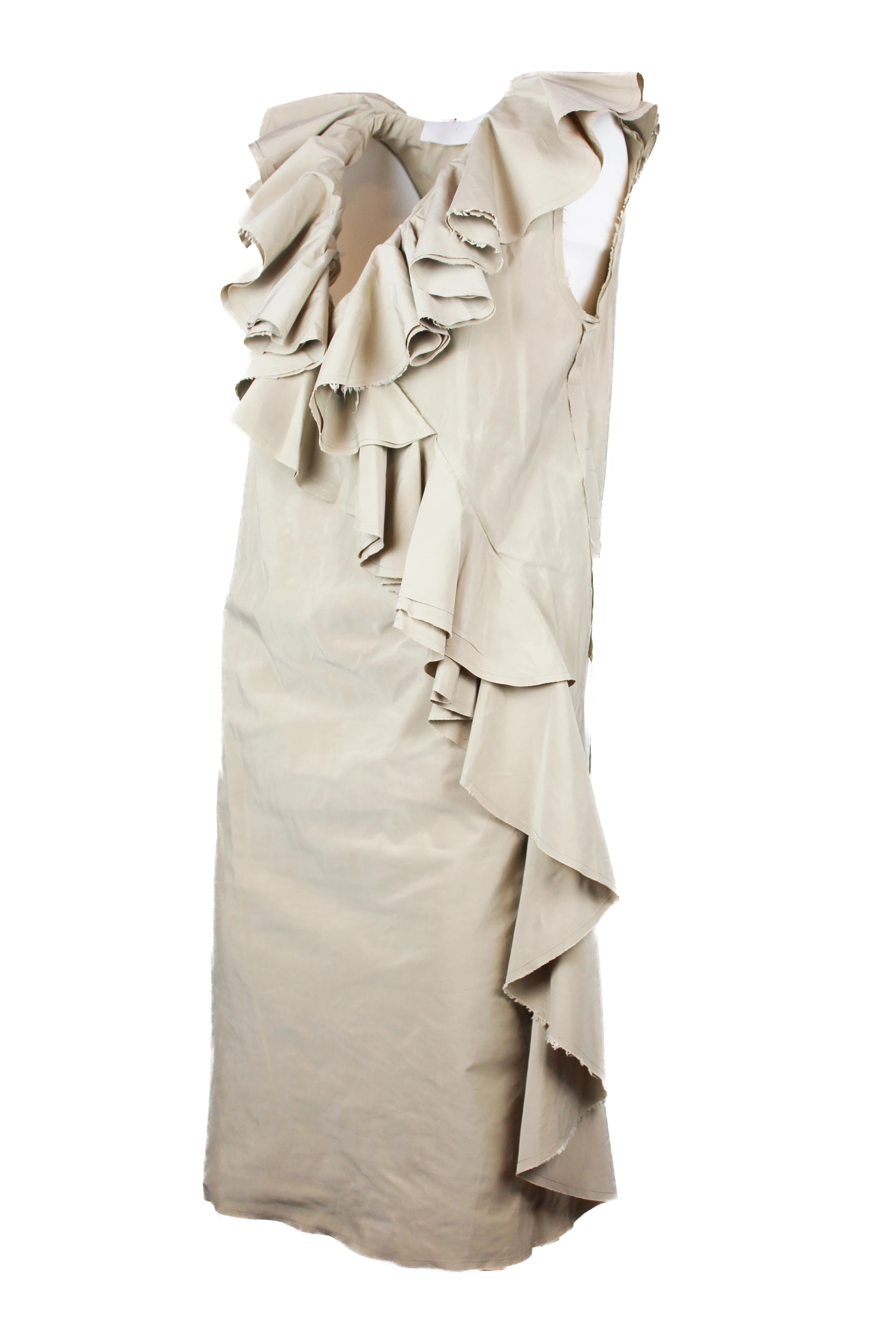 Beige Deep V-Neck Dress with Maxi Ruching Detail