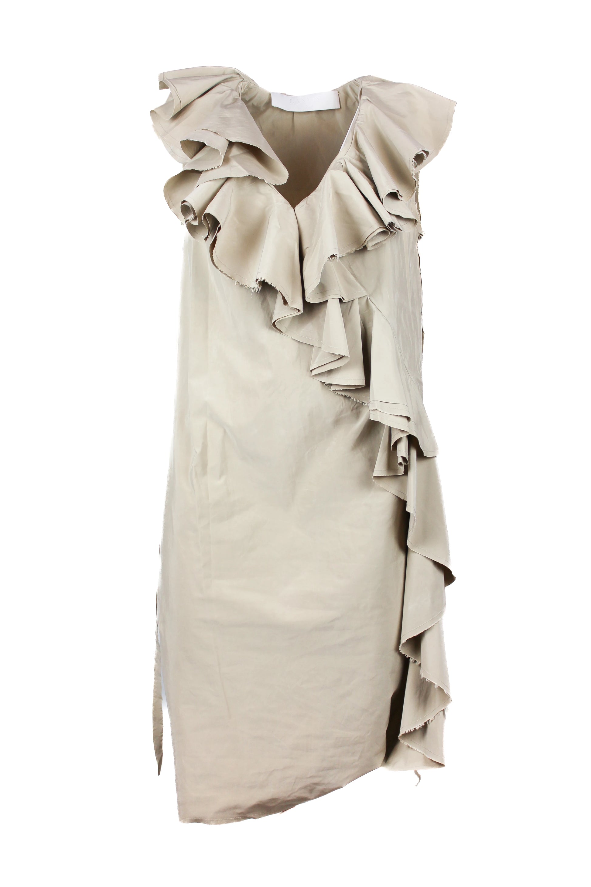 Beige Deep V-Neck Dress with Maxi Ruching Detail