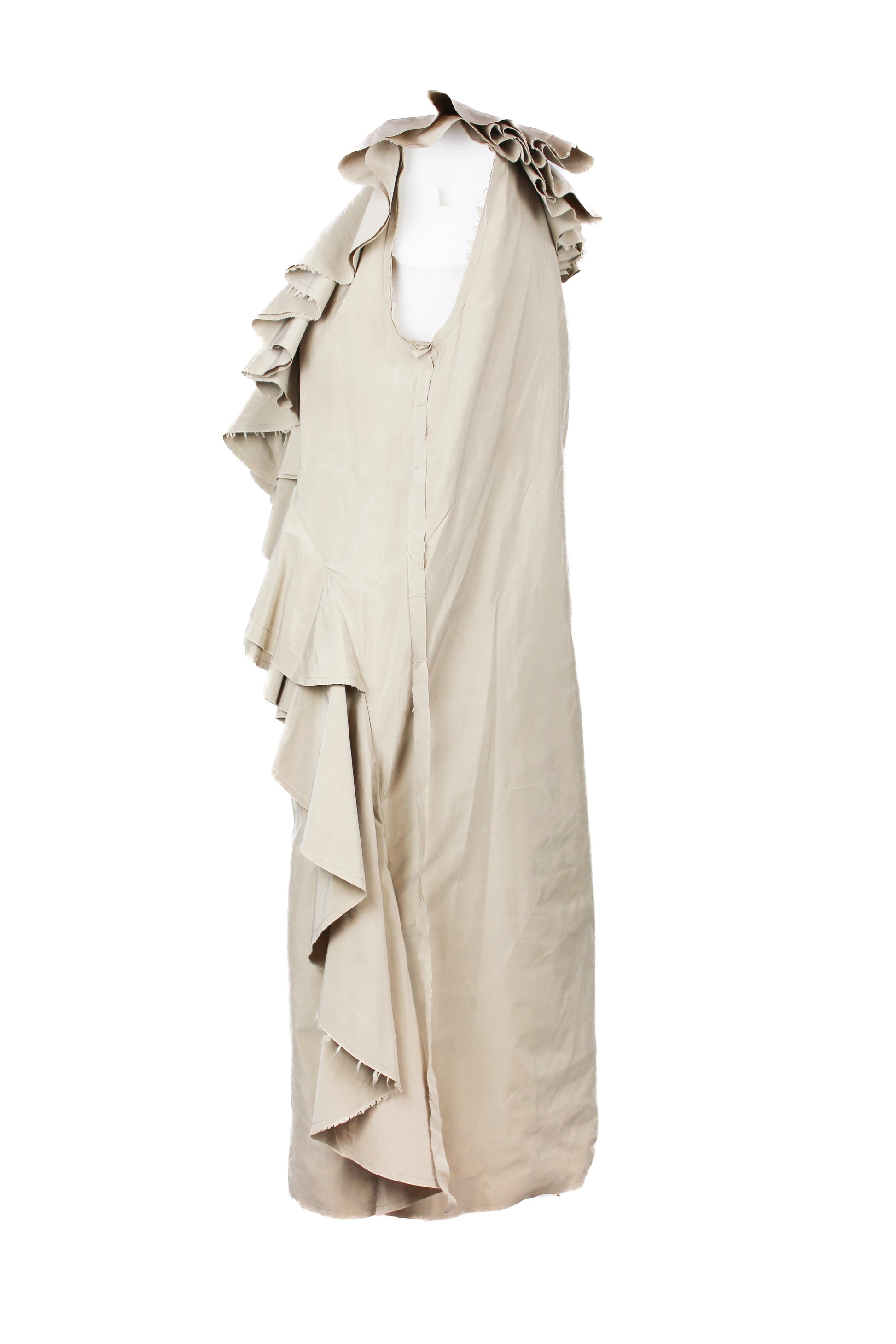 Beige Deep V-Neck Dress with Maxi Ruching Detail