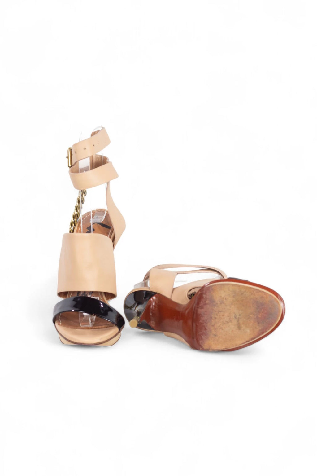 Cream and patent sandals with chains