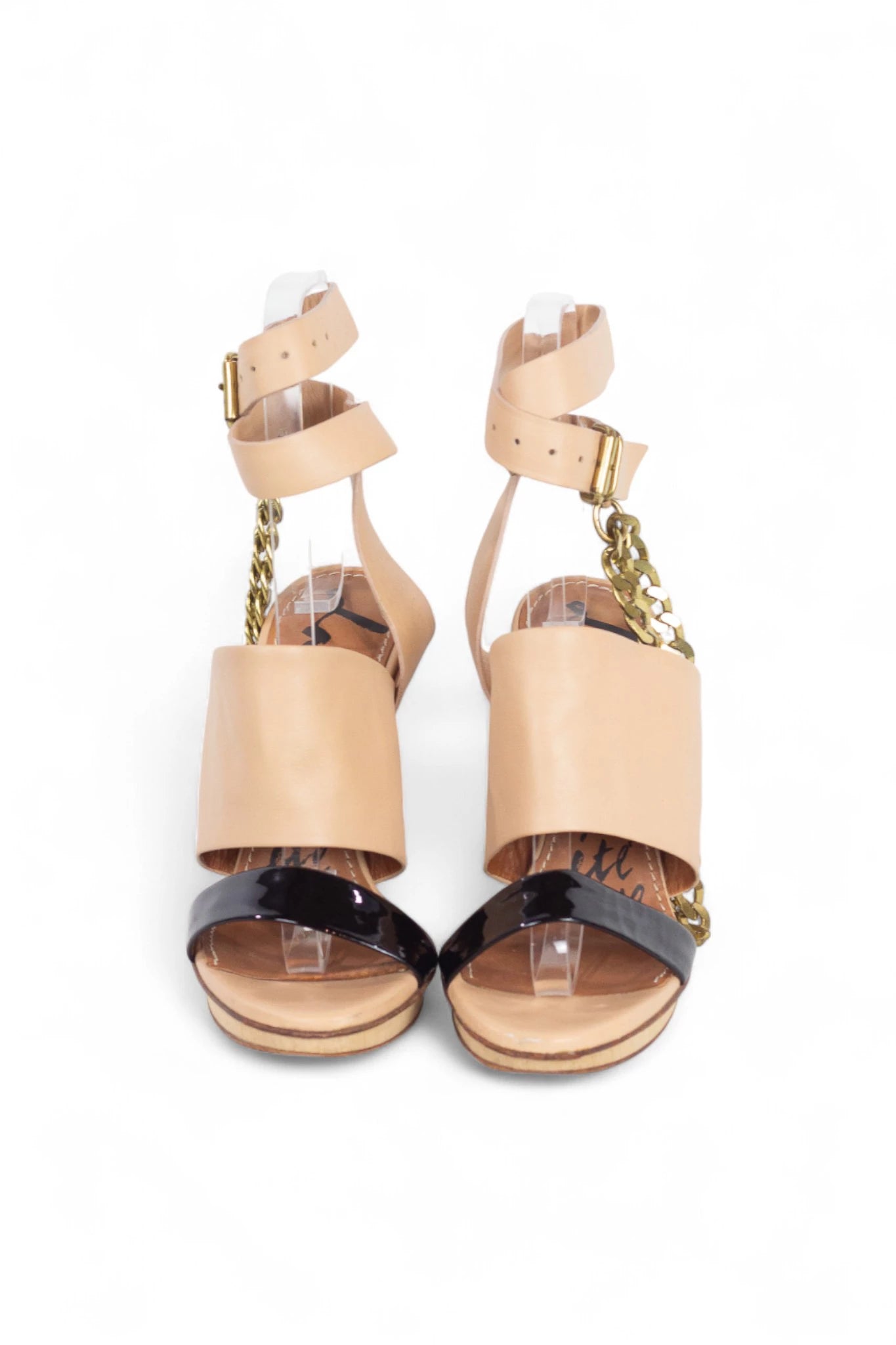 Cream and patent sandals with chains