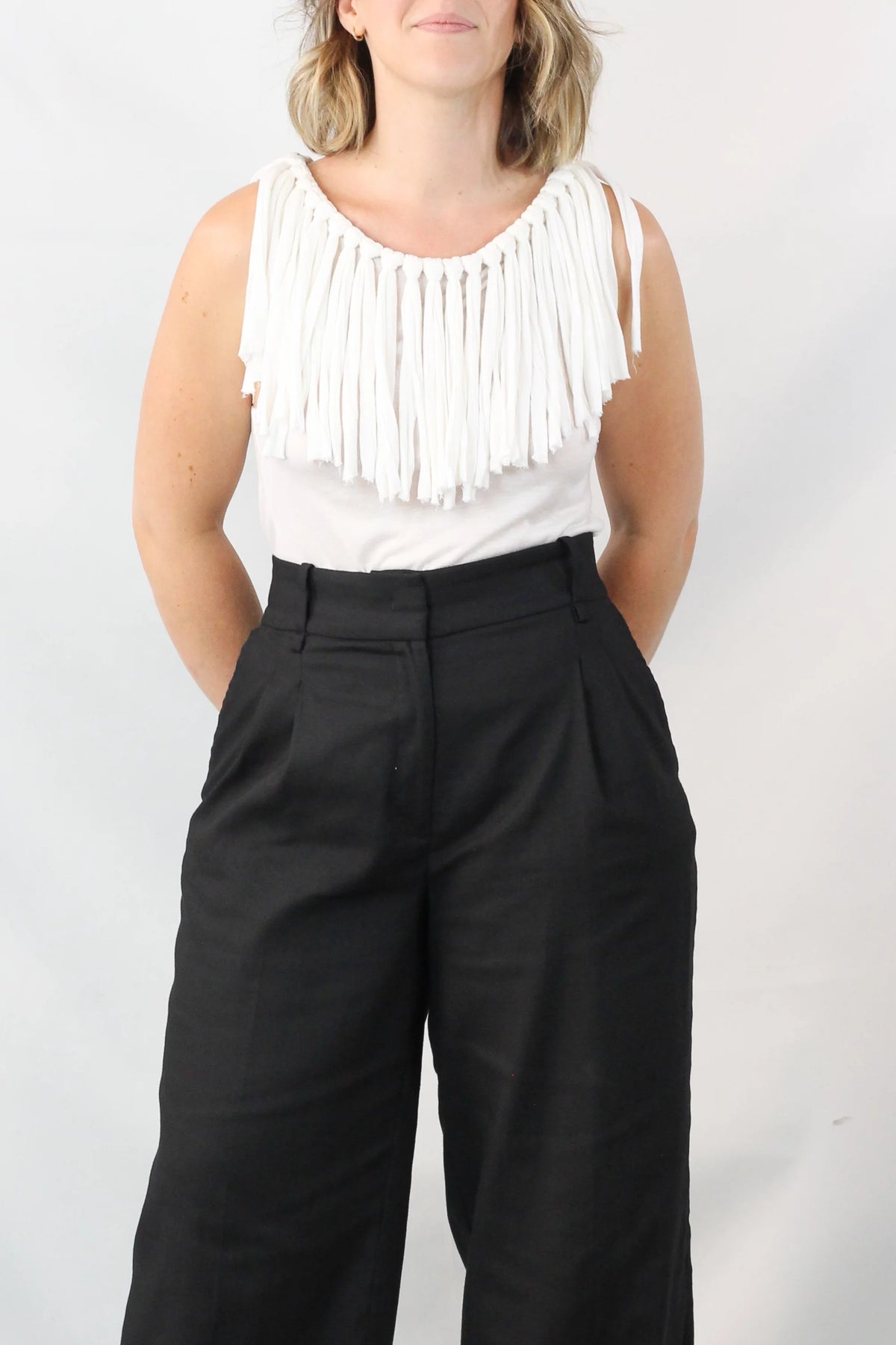 White Cotton Fringe Neckline Top