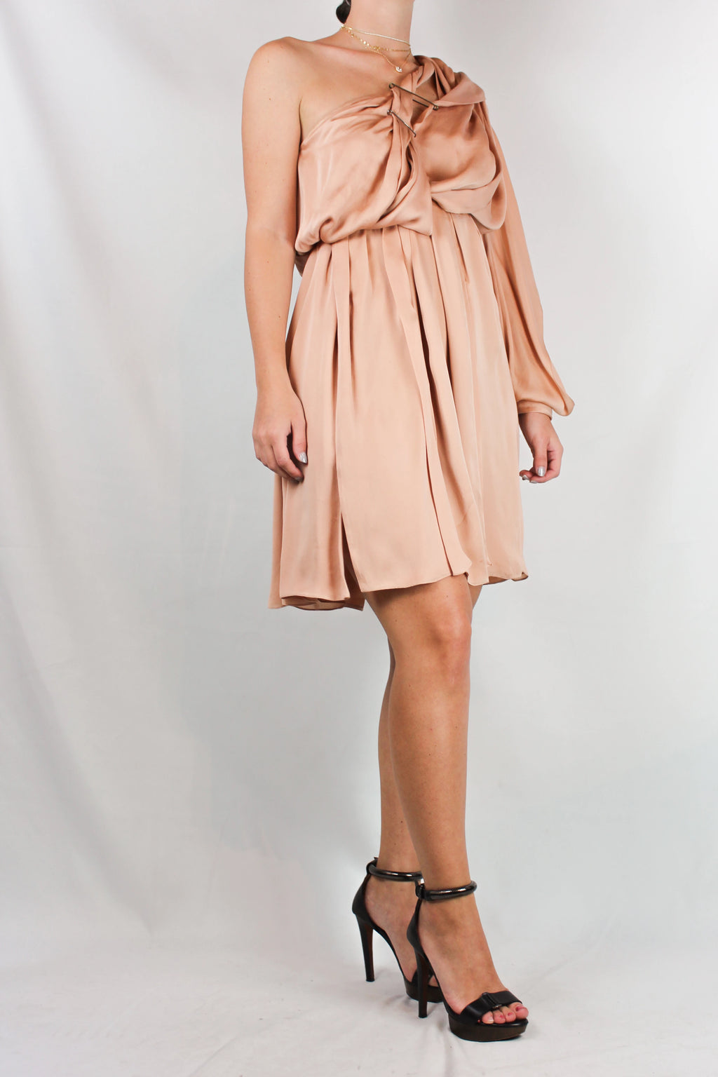 One-Shoulder Draped Silk Dress with Safety Pin Detail SS2012
