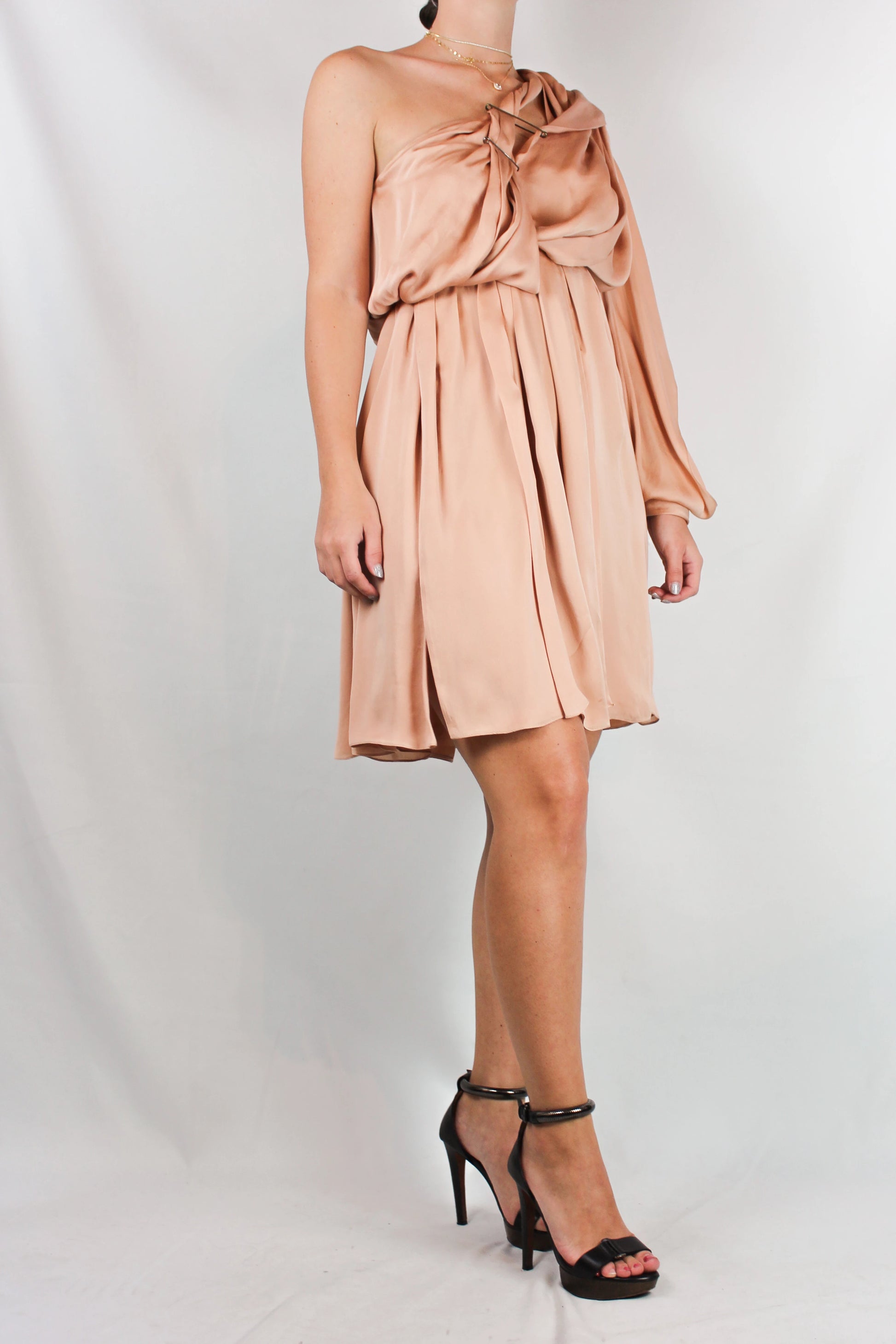 One-Shoulder Draped Silk Dress with Safety Pin Detail SS2012