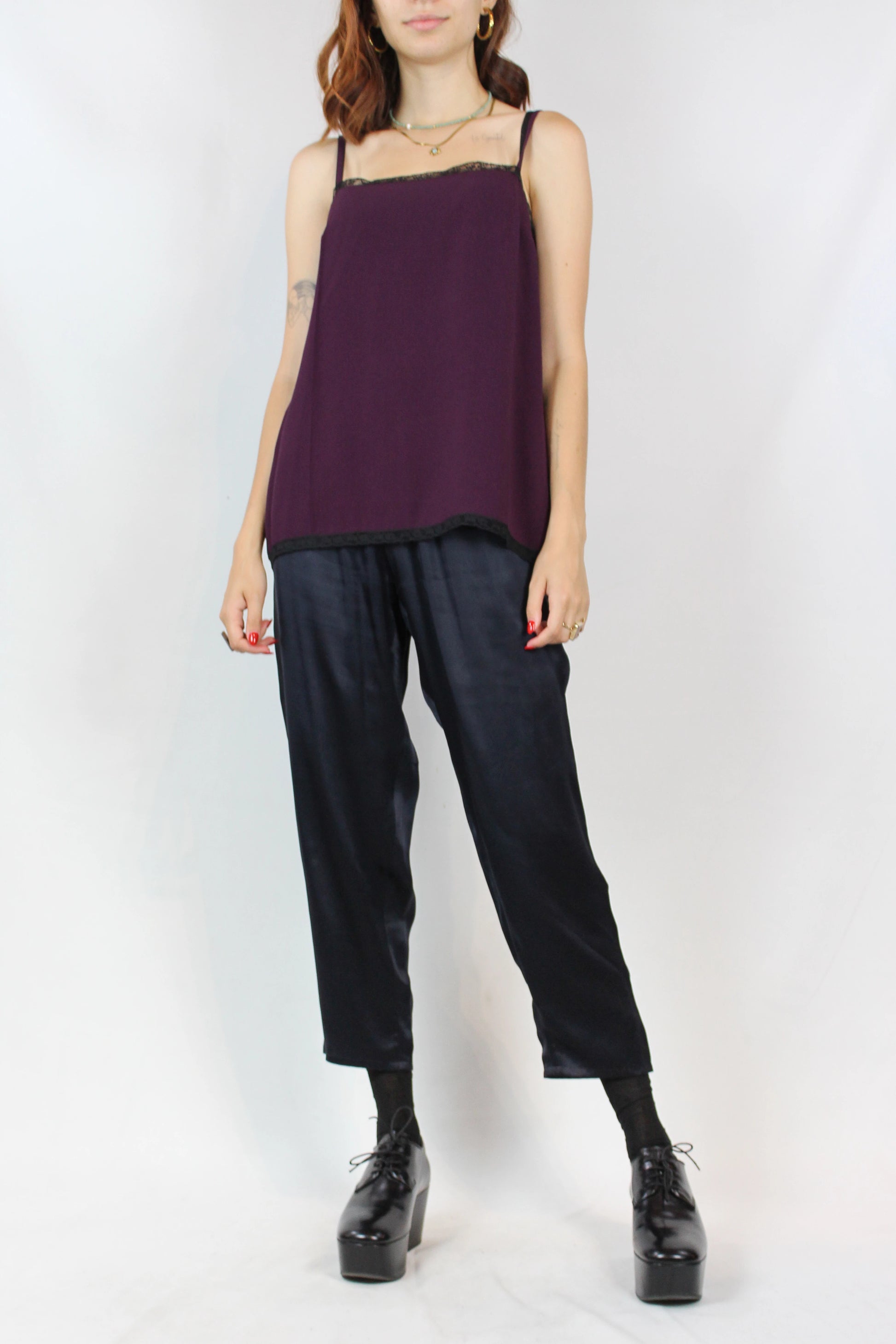 Navy Blue Silk Satin Cropped Trousers