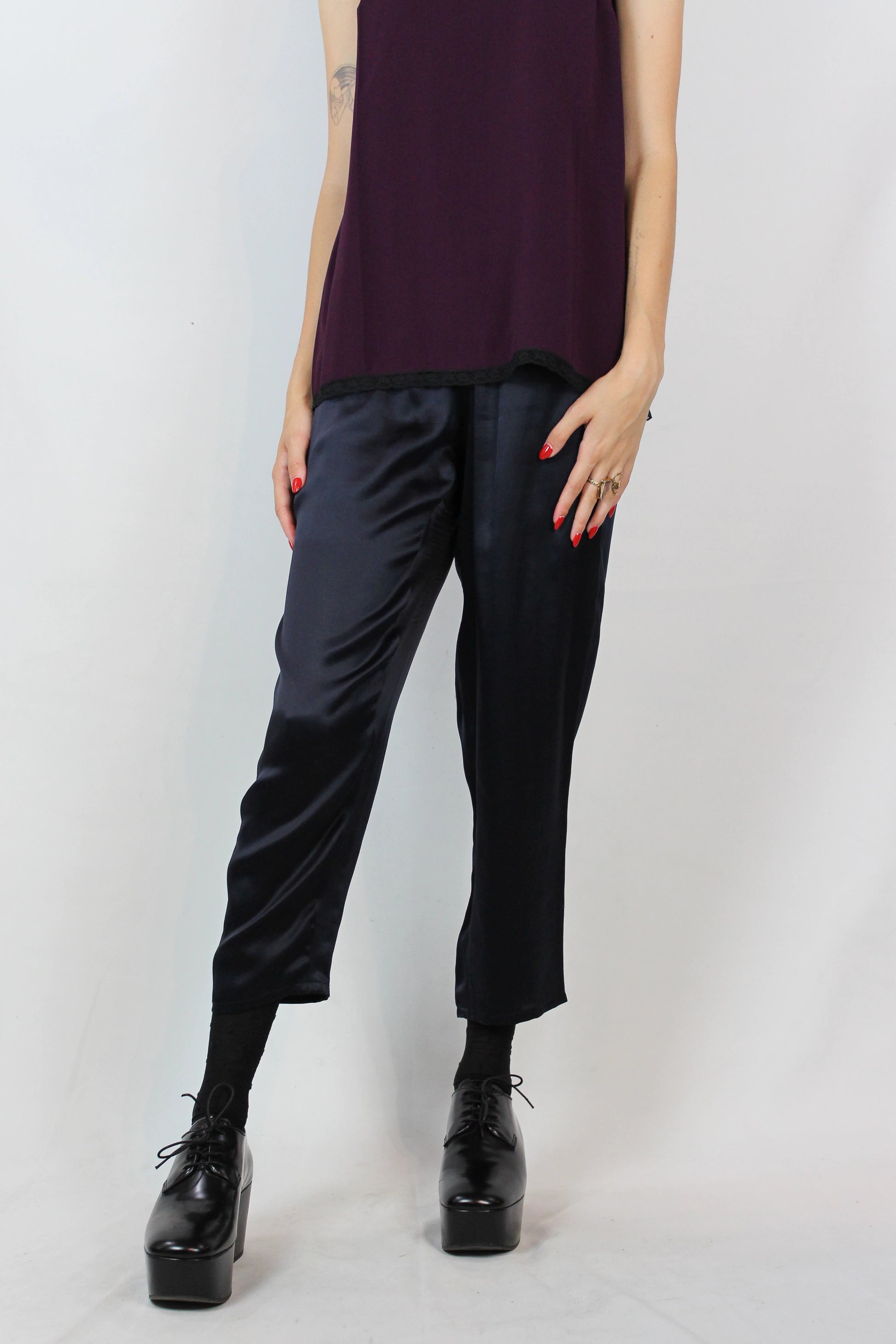 Navy Blue Silk Satin Cropped Trousers