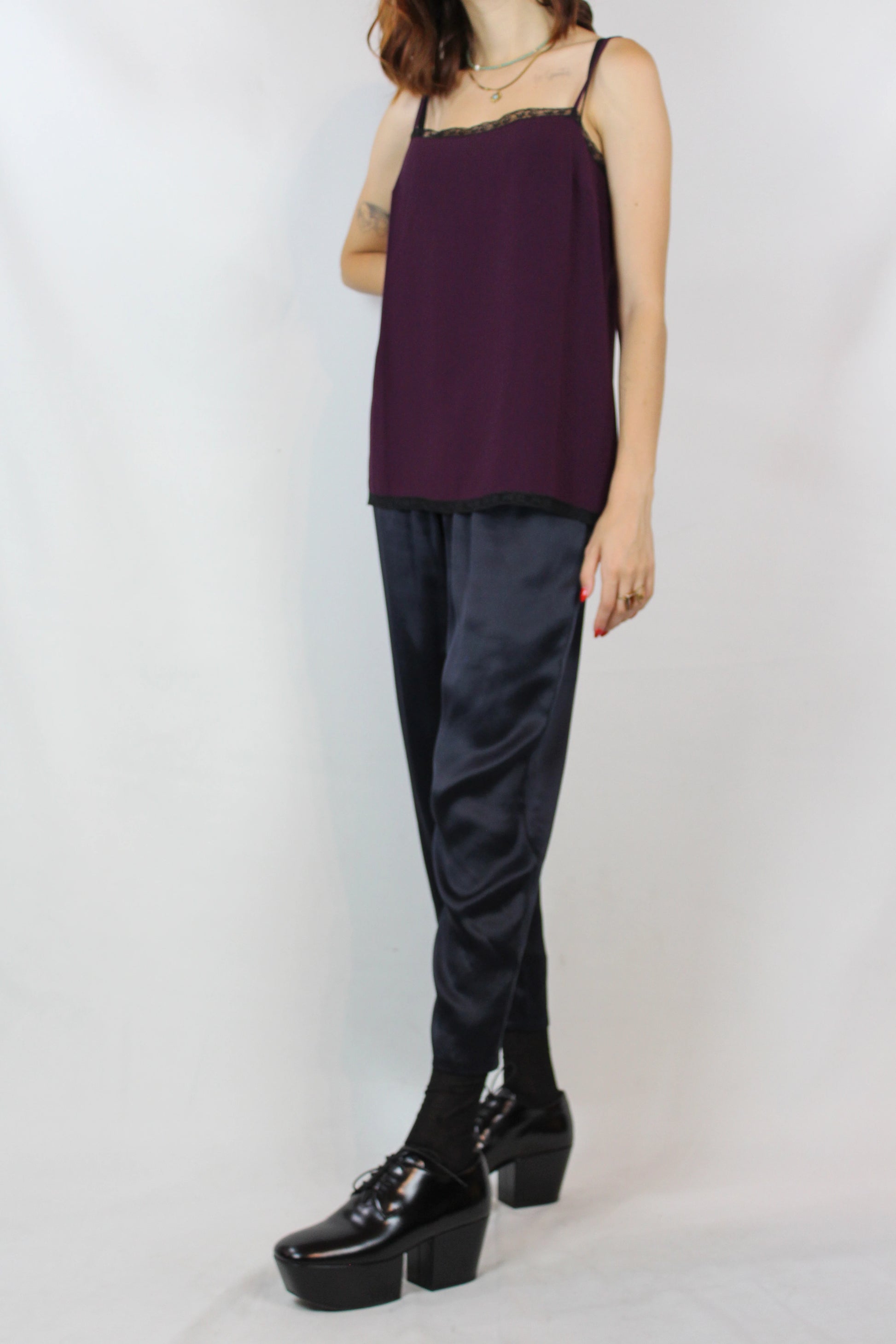 Navy Blue Silk Satin Cropped Trousers