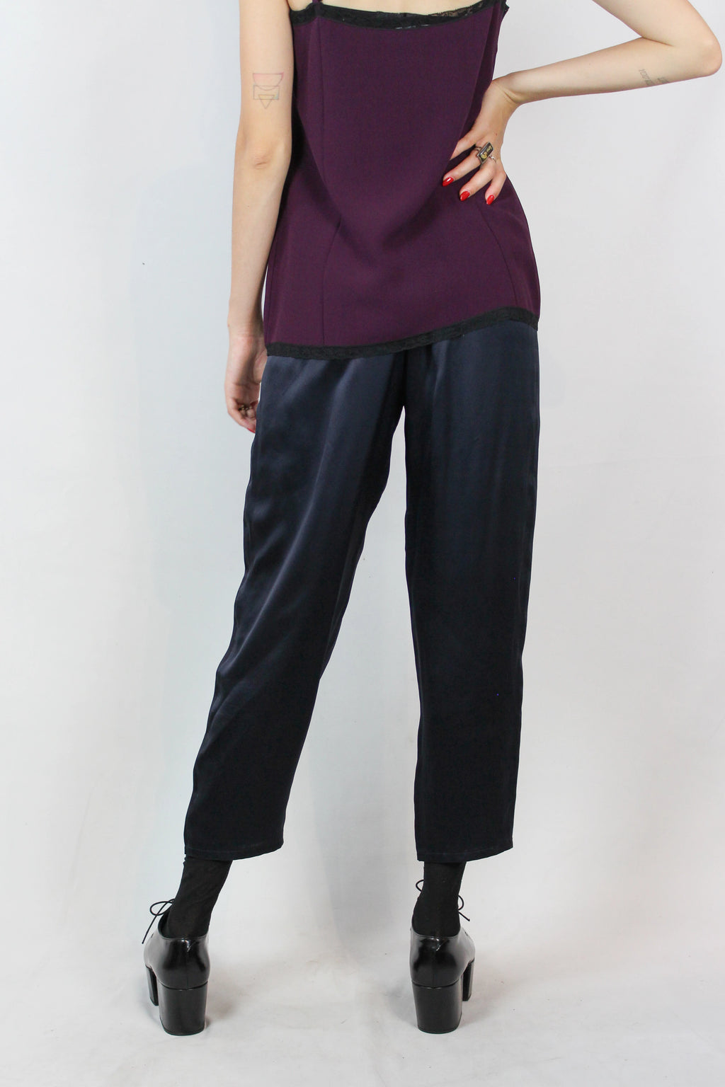 Navy Blue Silk Satin Cropped Trousers