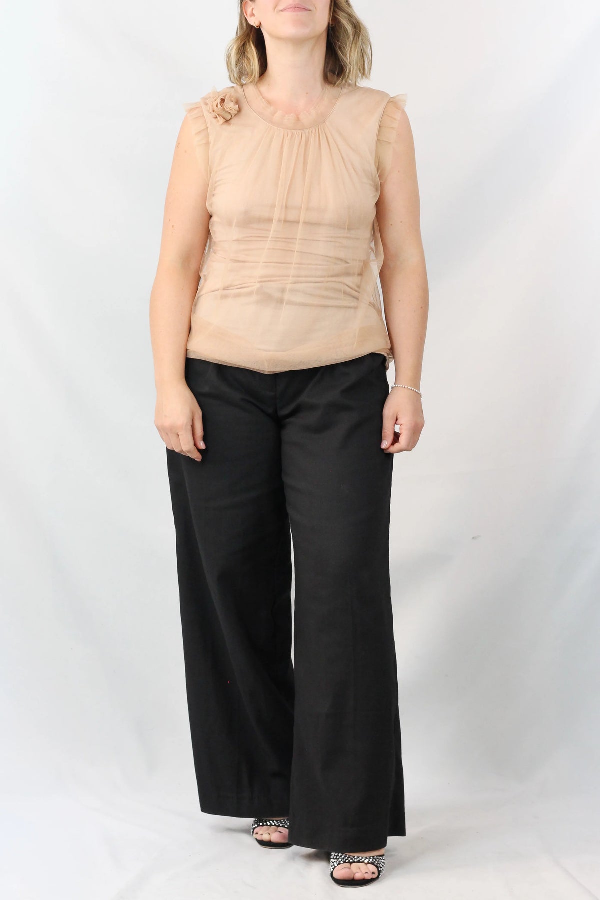 Gathered Ruffle-Neck Sleeveless Top