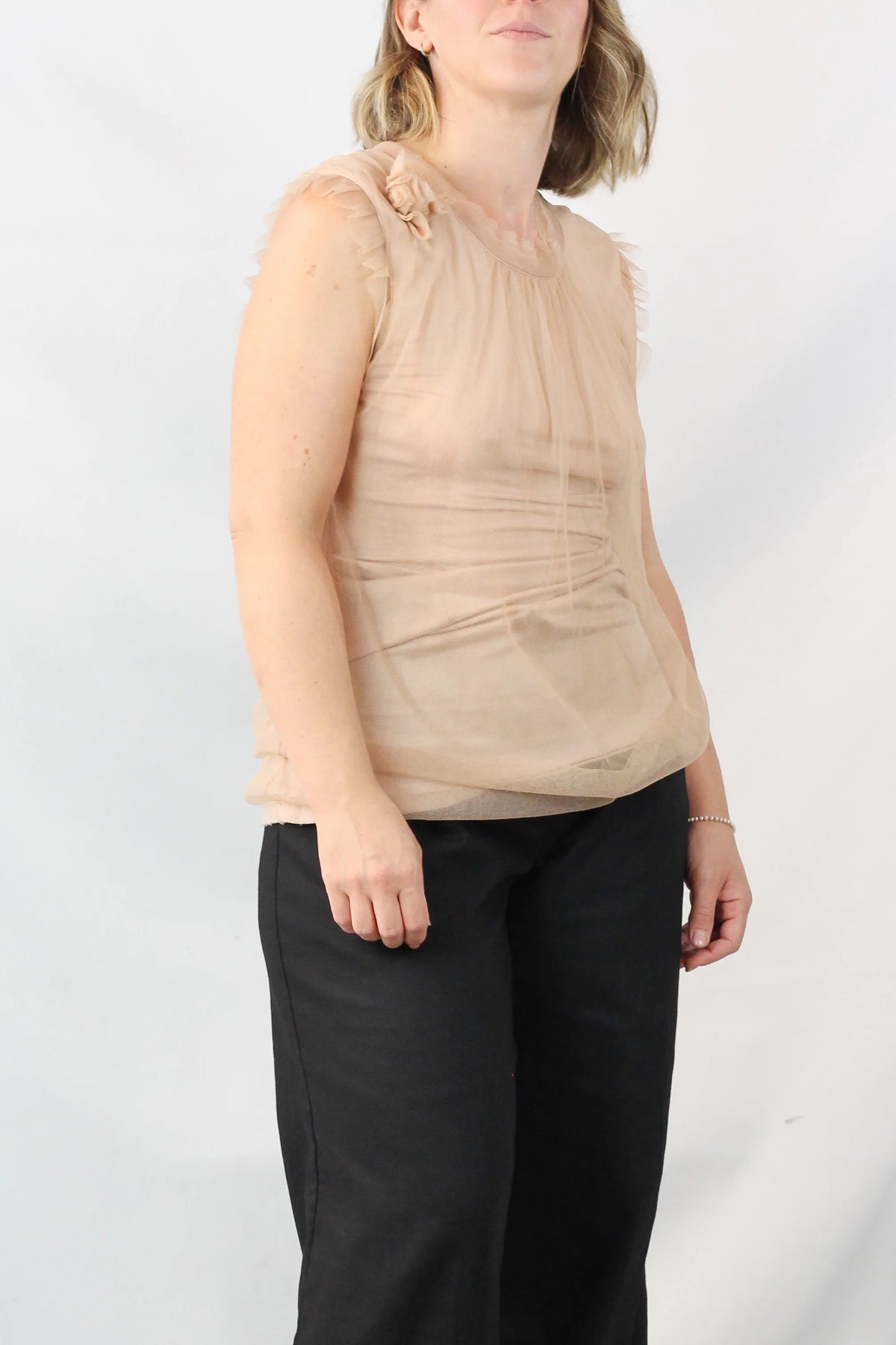 Gathered Ruffle-Neck Sleeveless Top