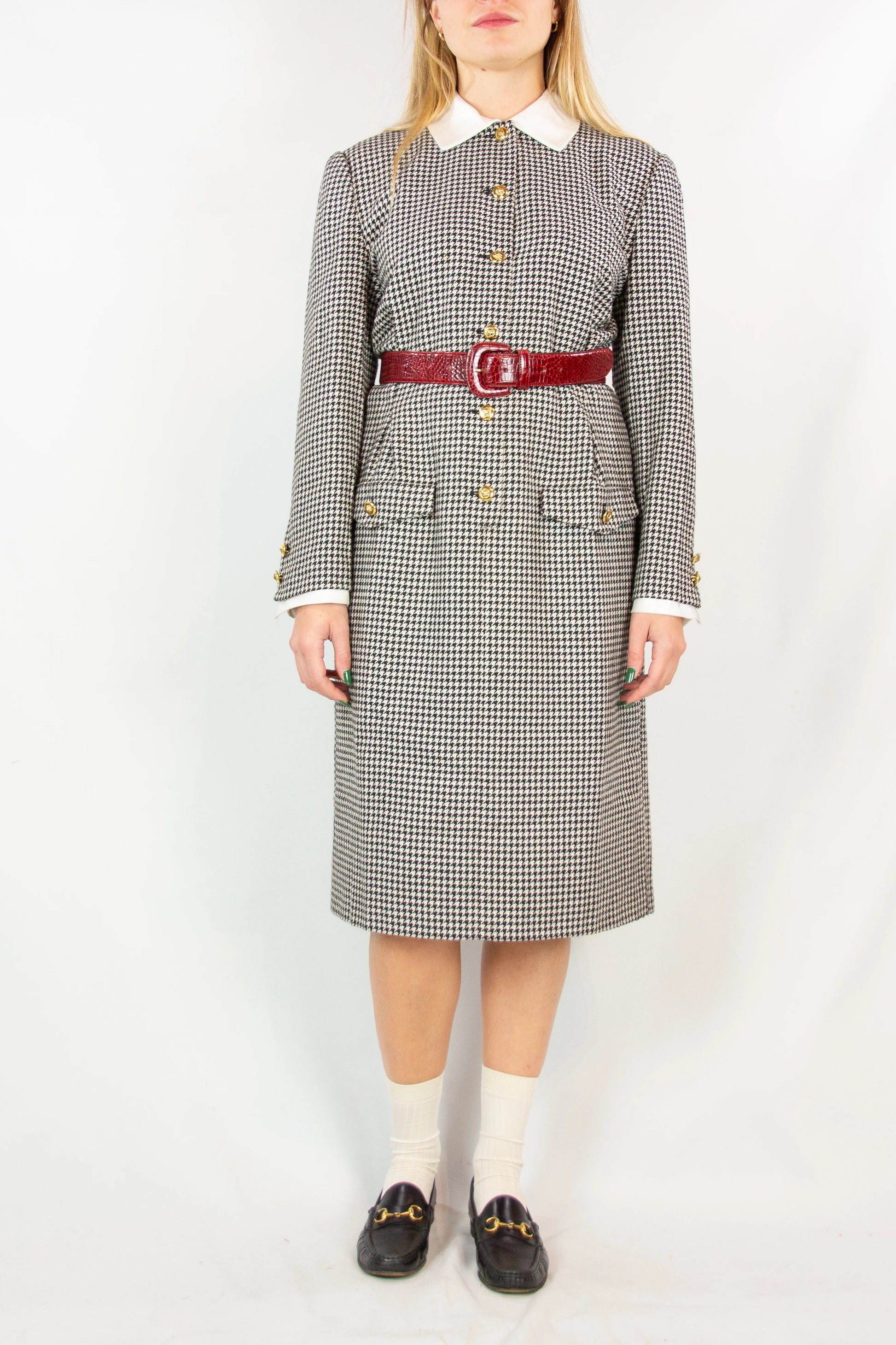 Vintage Wool Dress with Micro Check and Golden Buttons