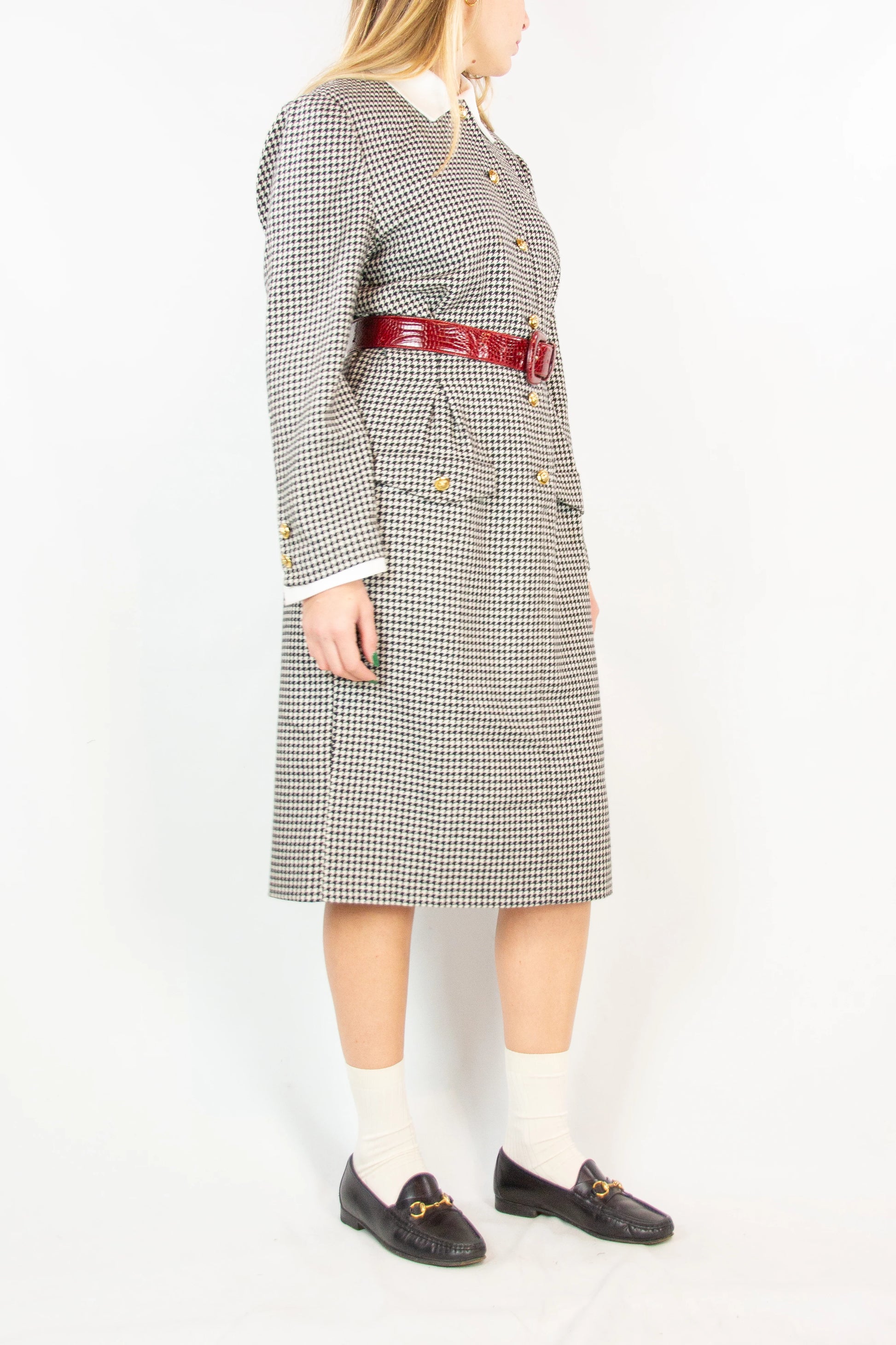 Vintage Wool Dress with Micro Check and Golden Buttons