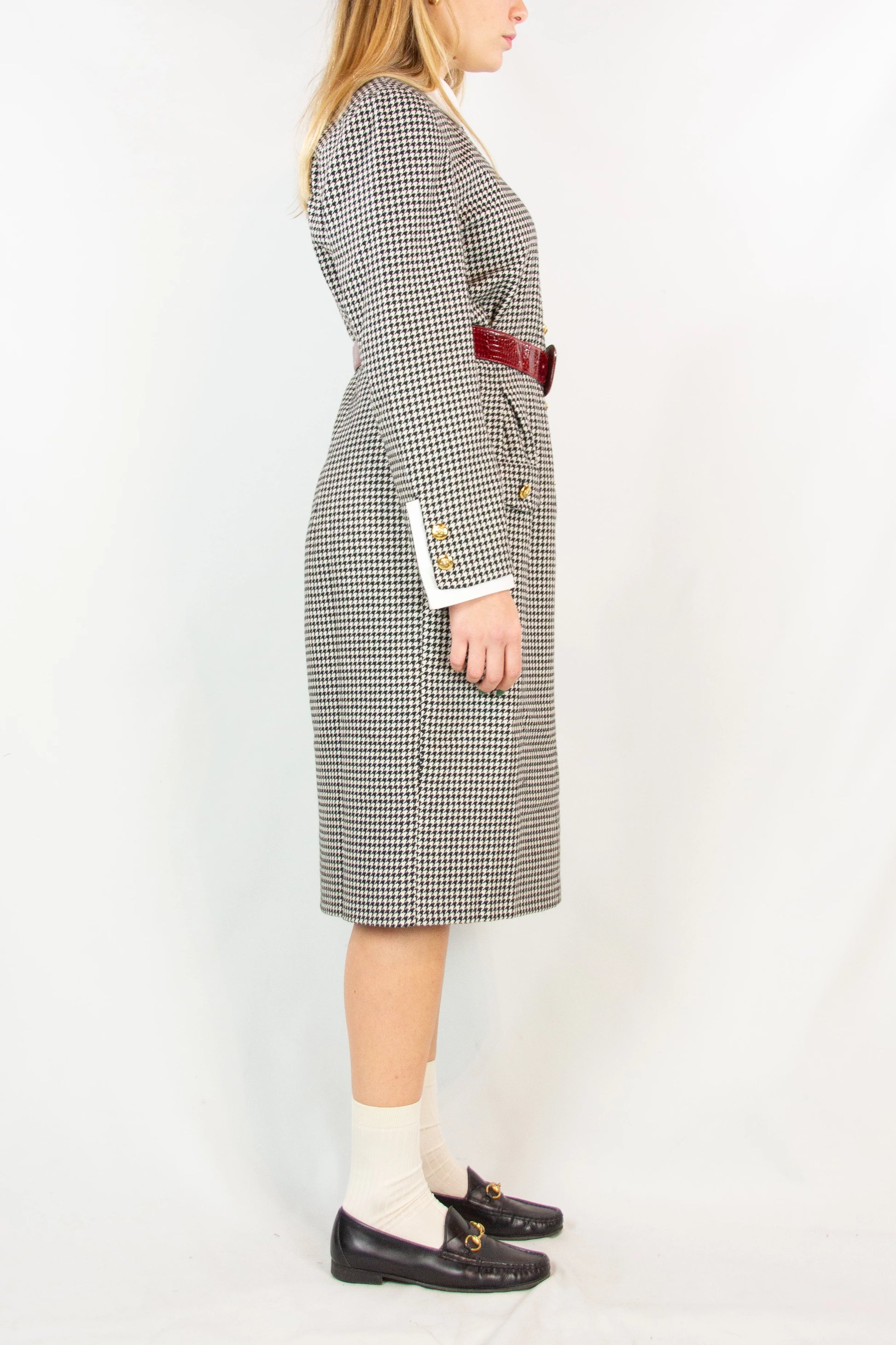 Vintage Wool Dress with Micro Check and Golden Buttons