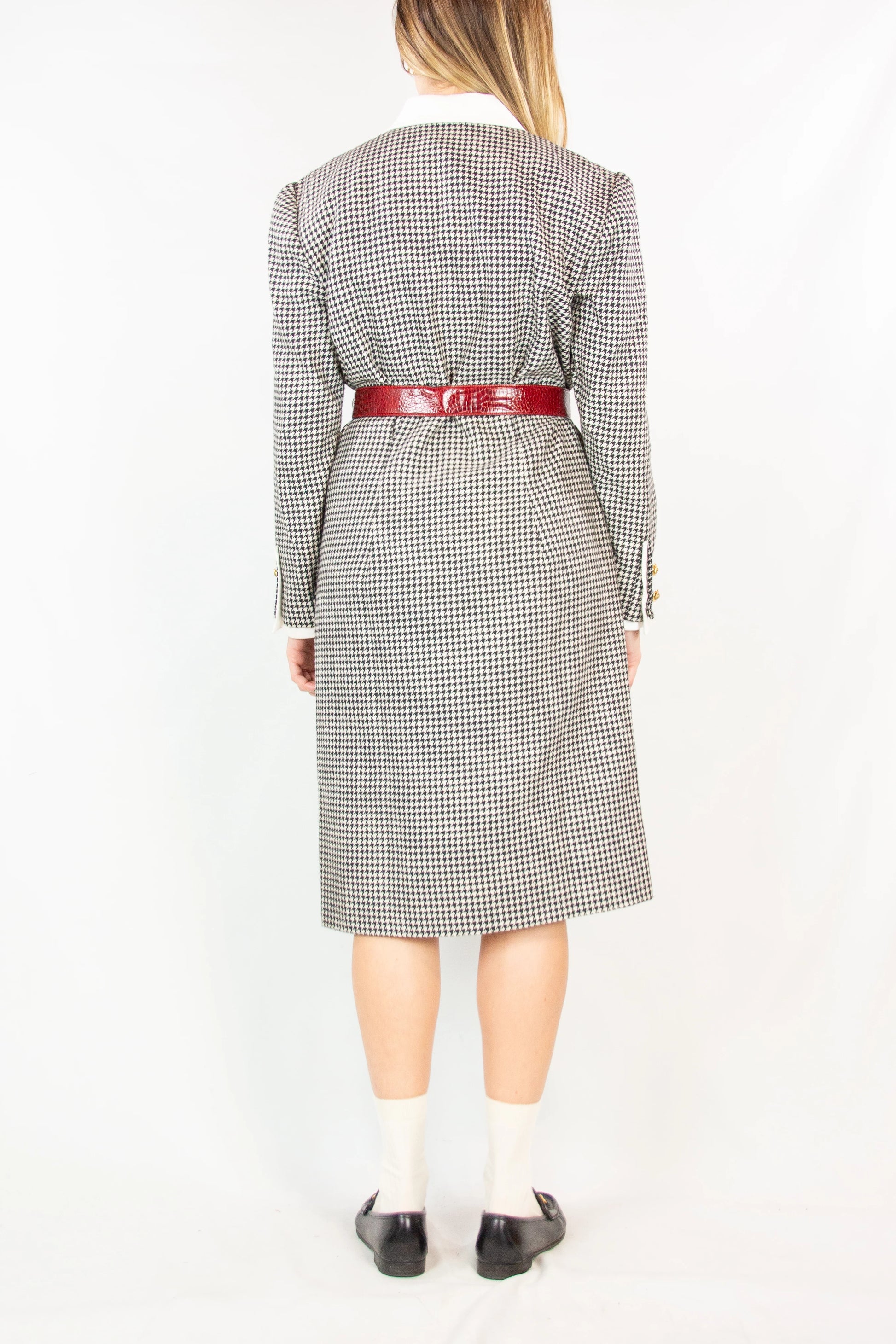 Vintage Wool Dress with Micro Check and Golden Buttons