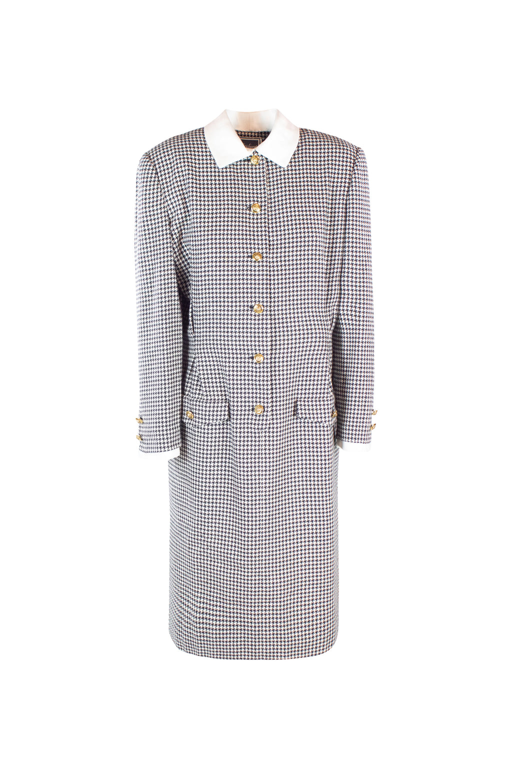Vintage Wool Dress with Micro Check and Golden Buttons