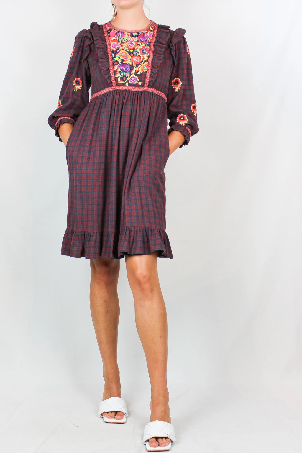 Checked Flannel Dress with Ruffles and Floral Embroidery