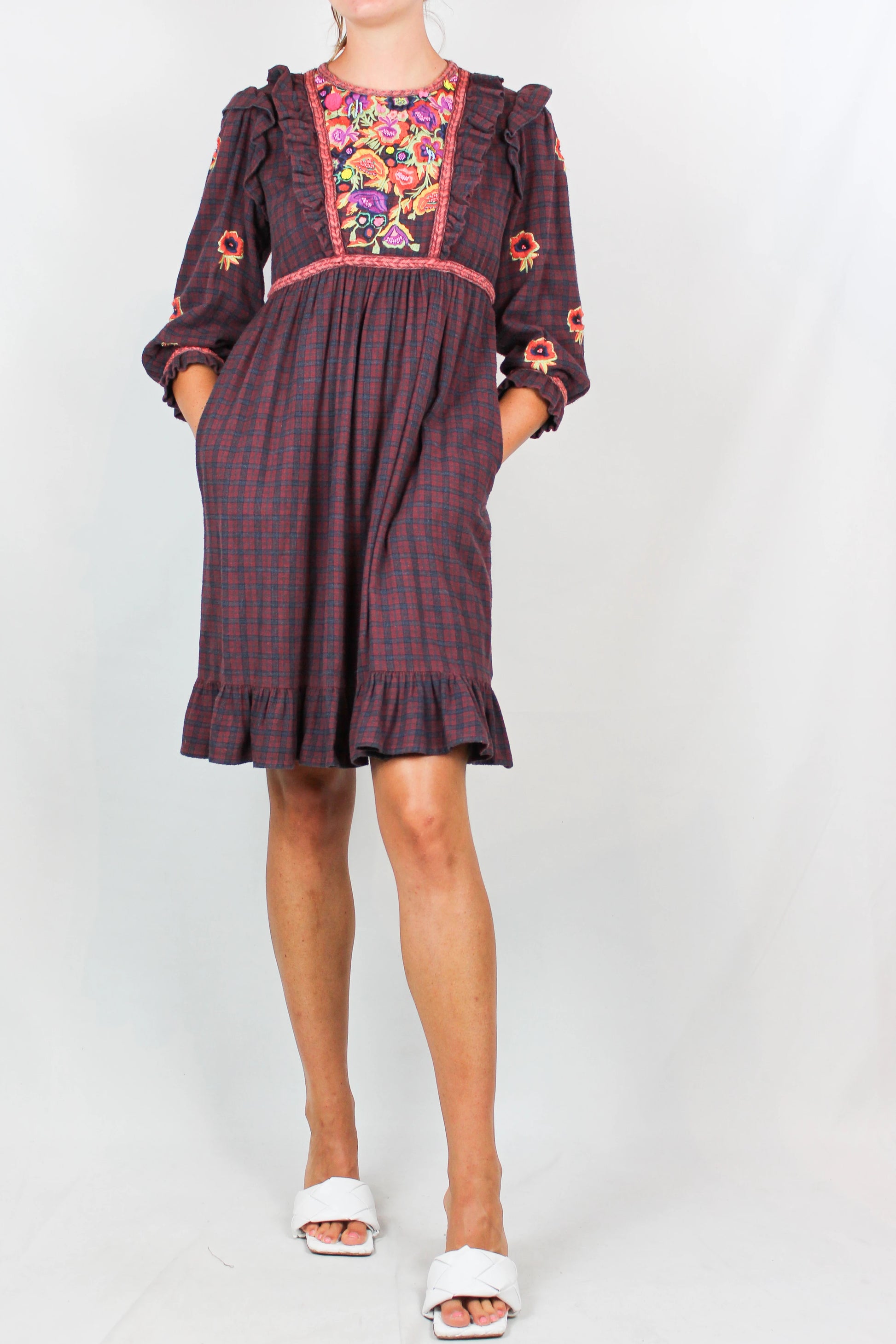 Checked Flannel Dress with Ruffles and Floral Embroidery