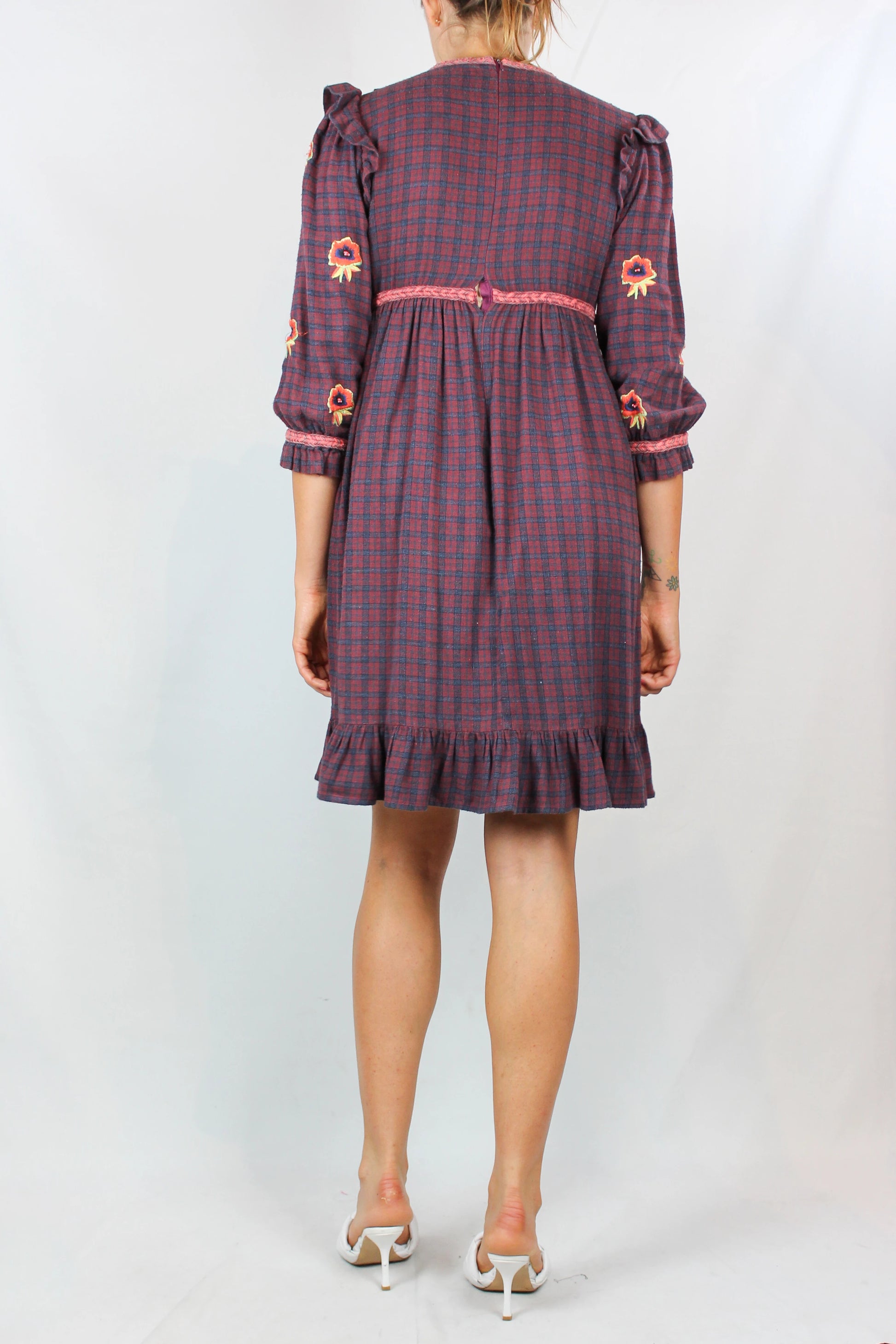 Checked Flannel Dress with Ruffles and Floral Embroidery