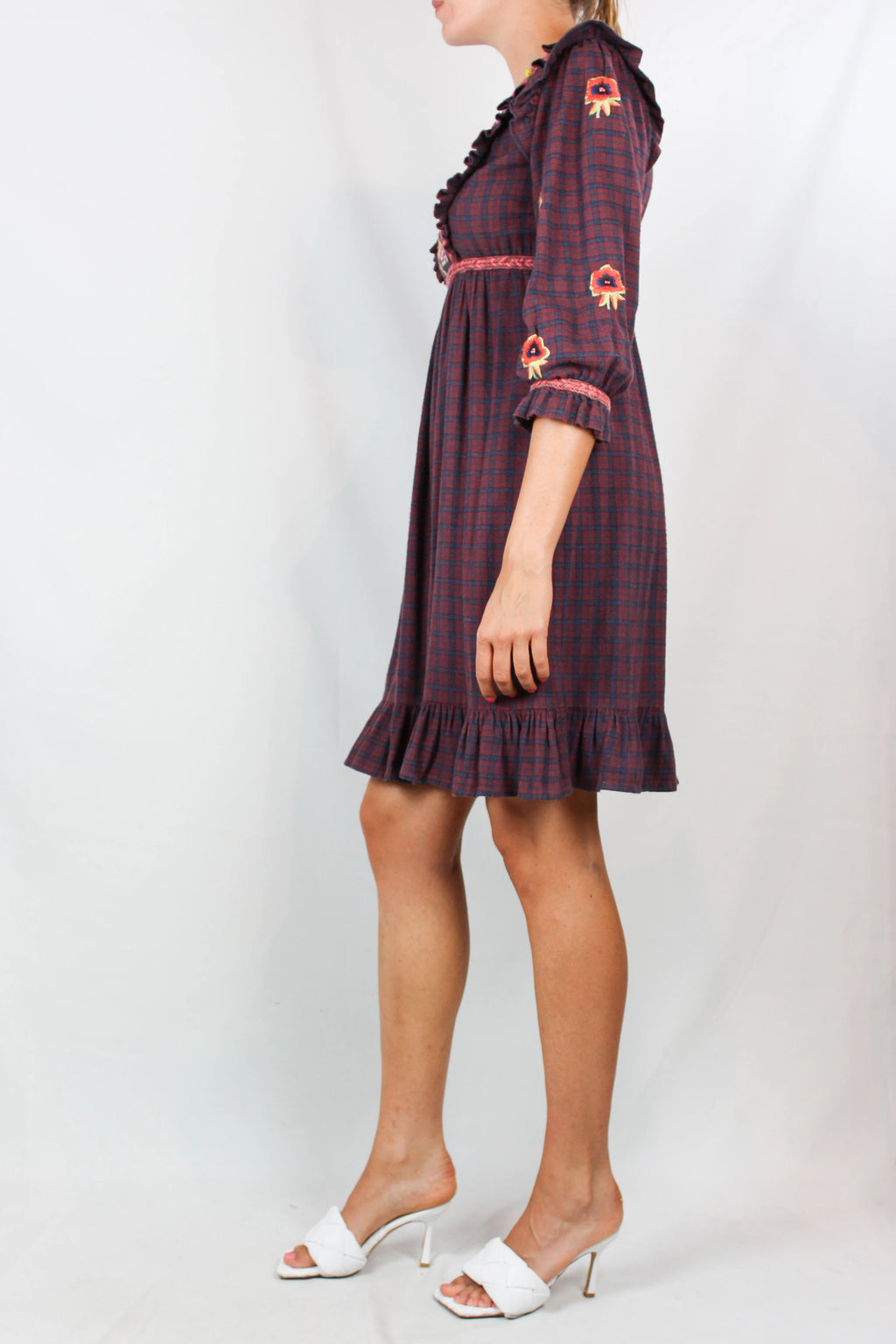 Checked Flannel Dress with Ruffles and Floral Embroidery