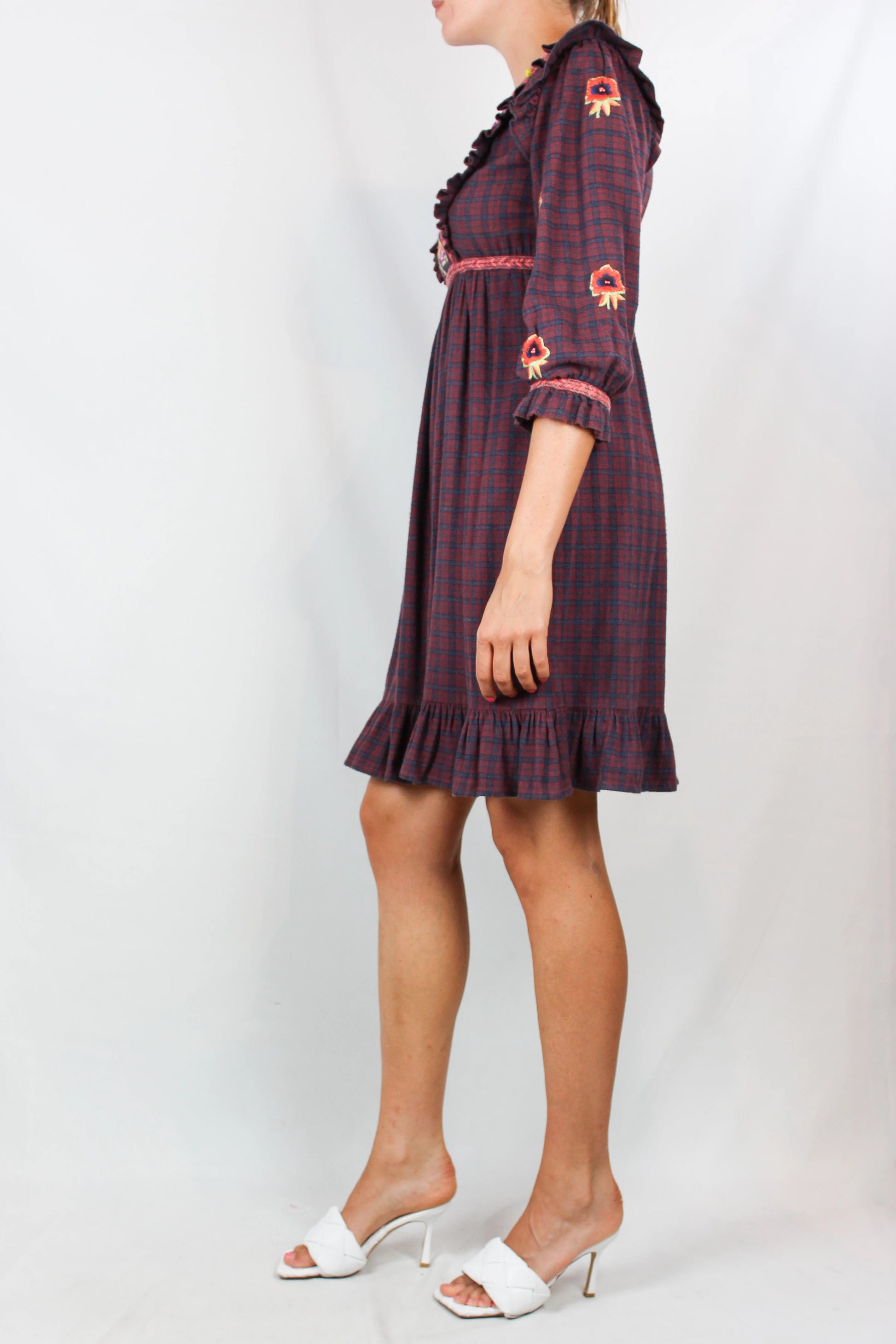 Checked Flannel Dress with Ruffles and Floral Embroidery