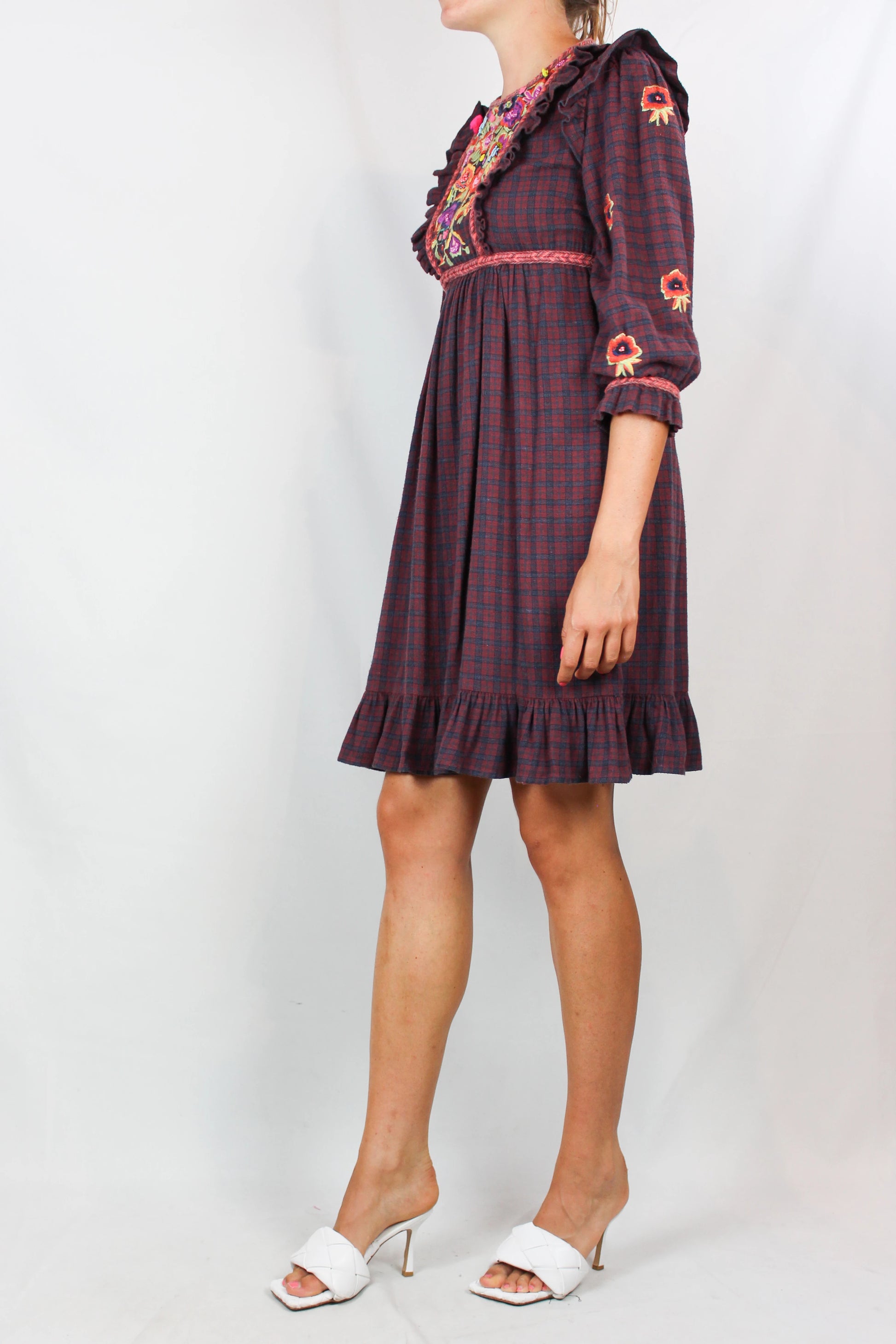 Checked Flannel Dress with Ruffles and Floral Embroidery