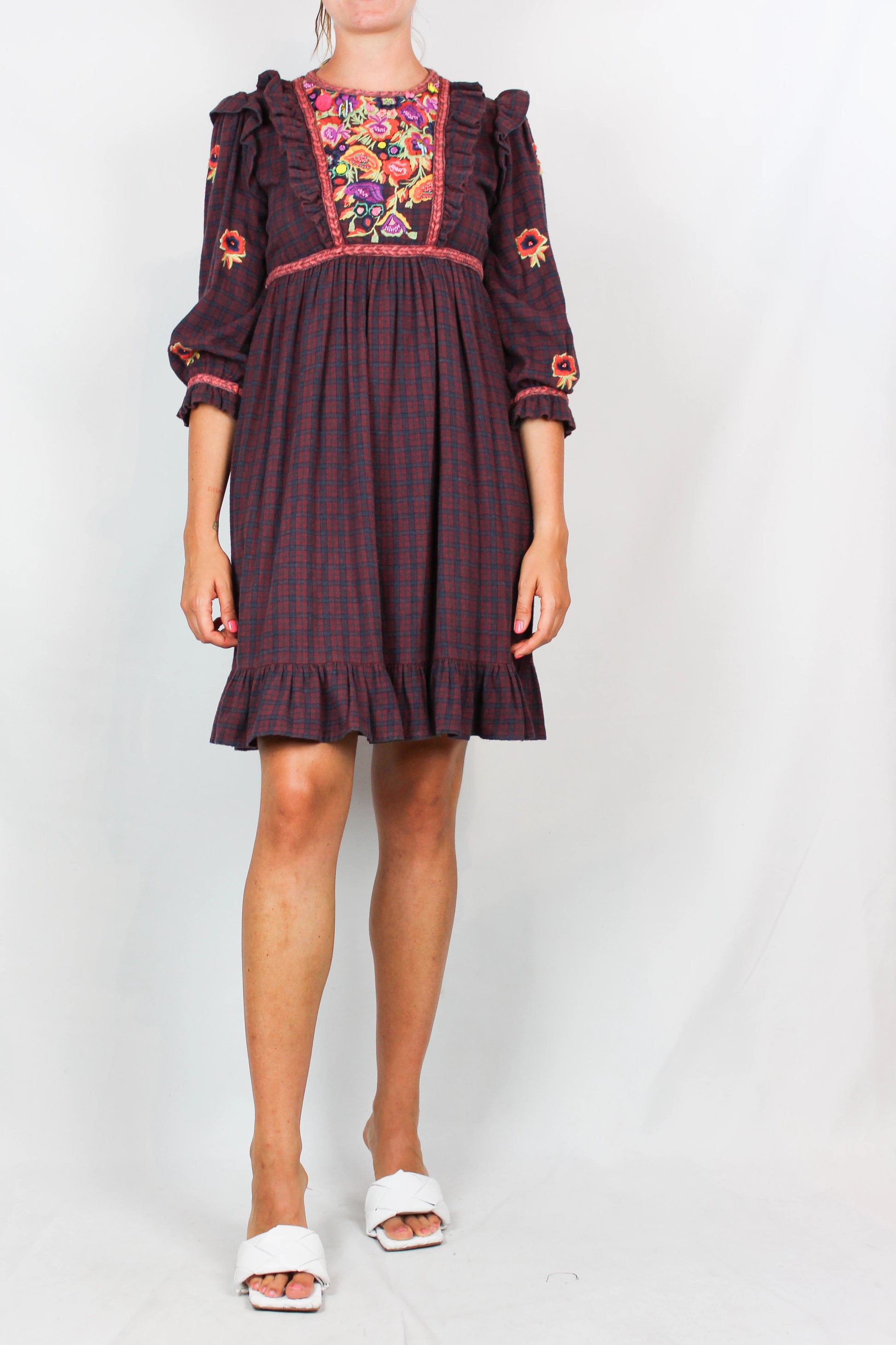 Checked Flannel Dress with Ruffles and Floral Embroidery