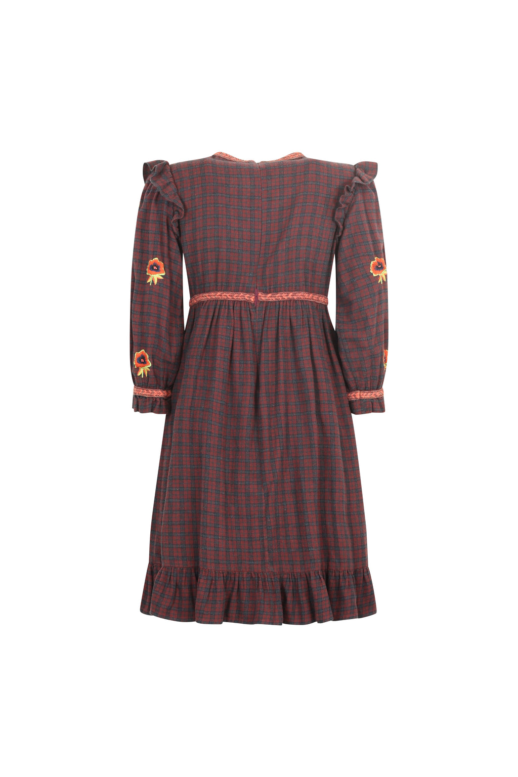 Checked Flannel Dress with Ruffles and Floral Embroidery