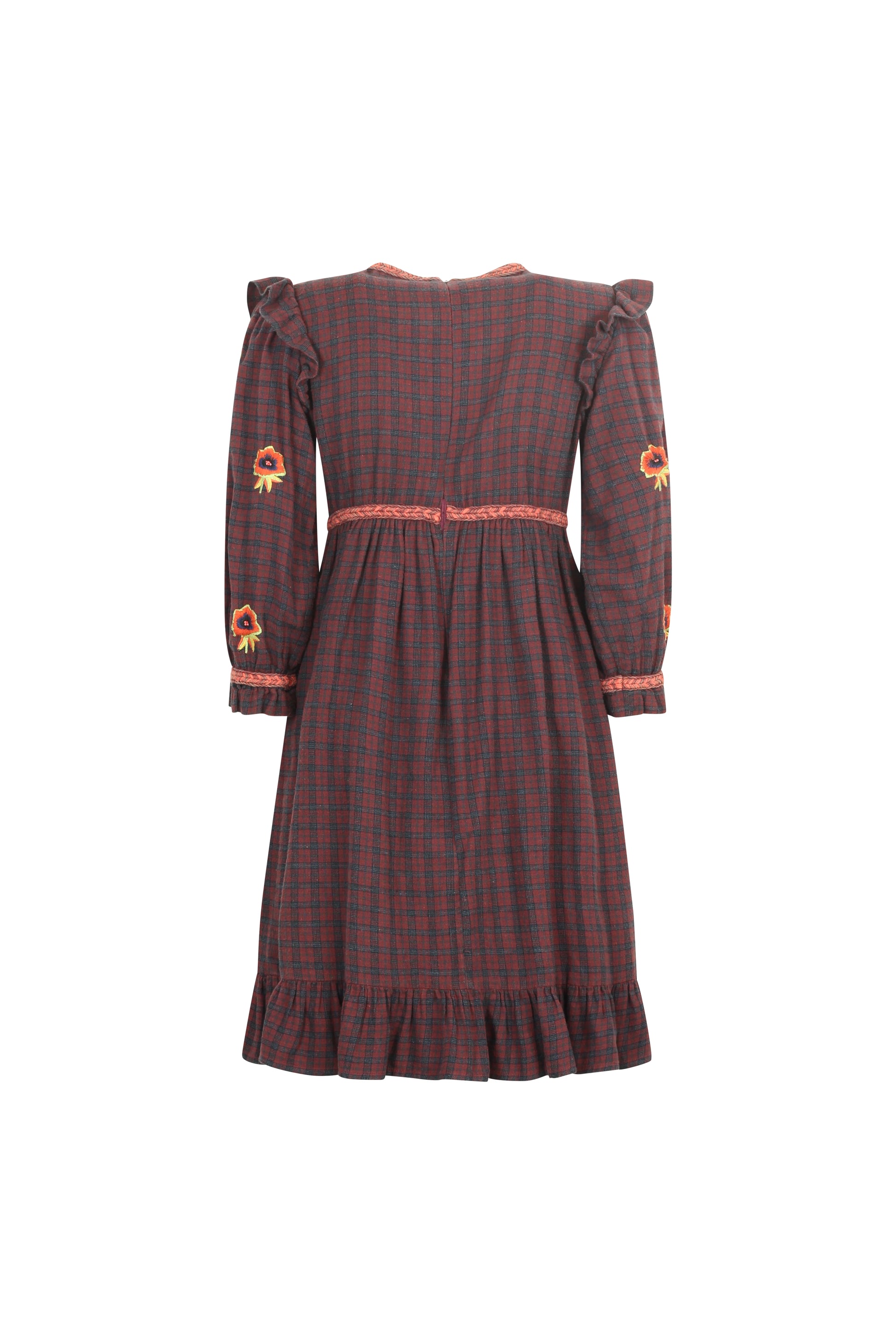Checked Flannel Dress with Ruffles and Floral Embroidery