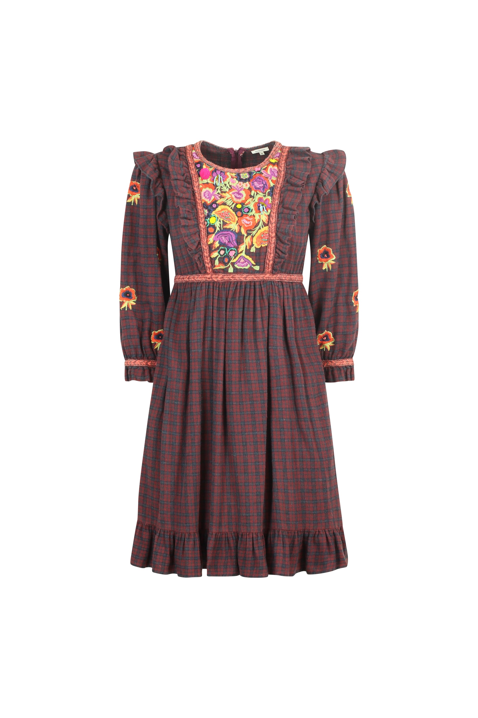 Checked Flannel Dress with Ruffles and Floral Embroidery