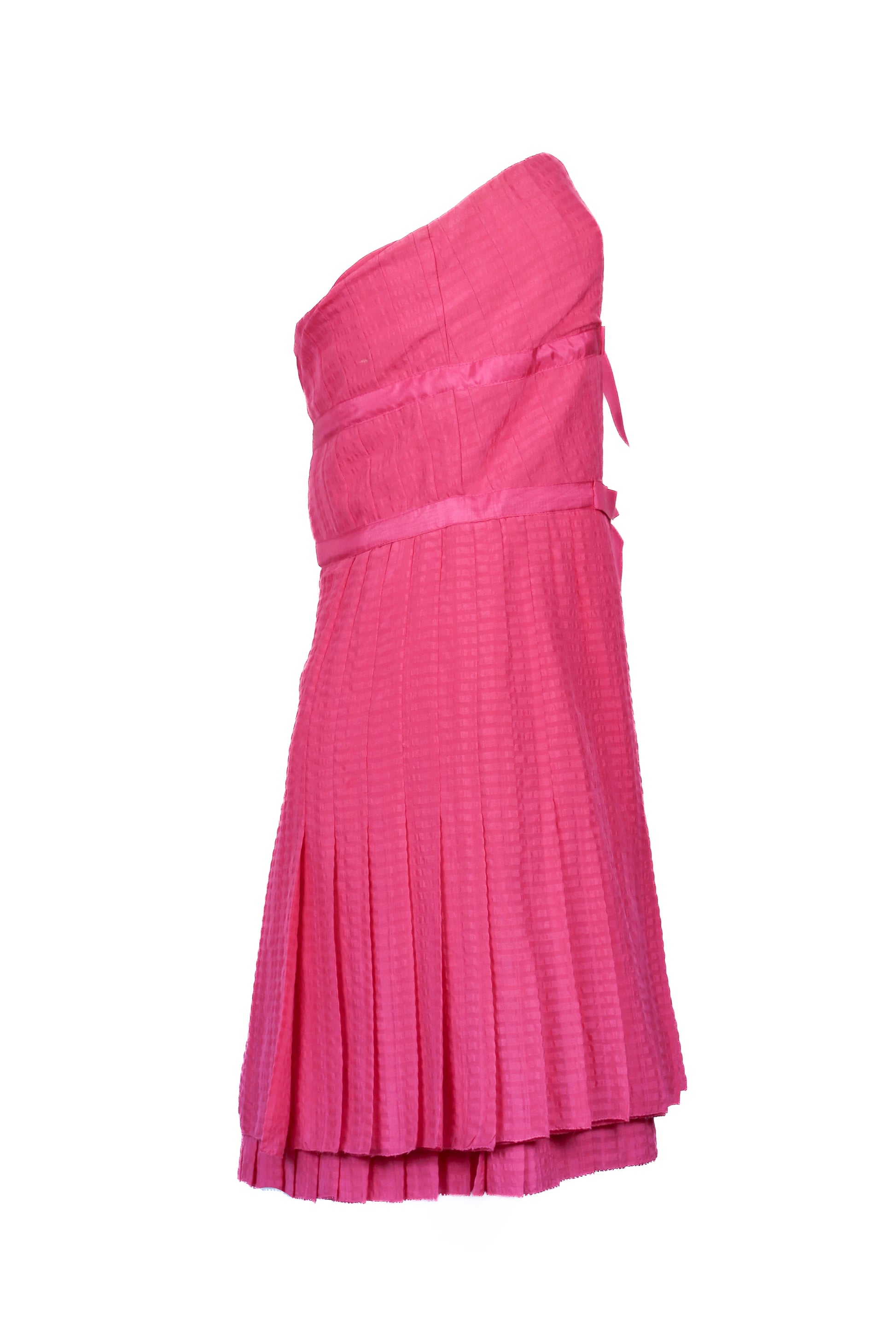 Pink Silk Pleated Mini Dress with Ribbons and Sweetheart Neckline