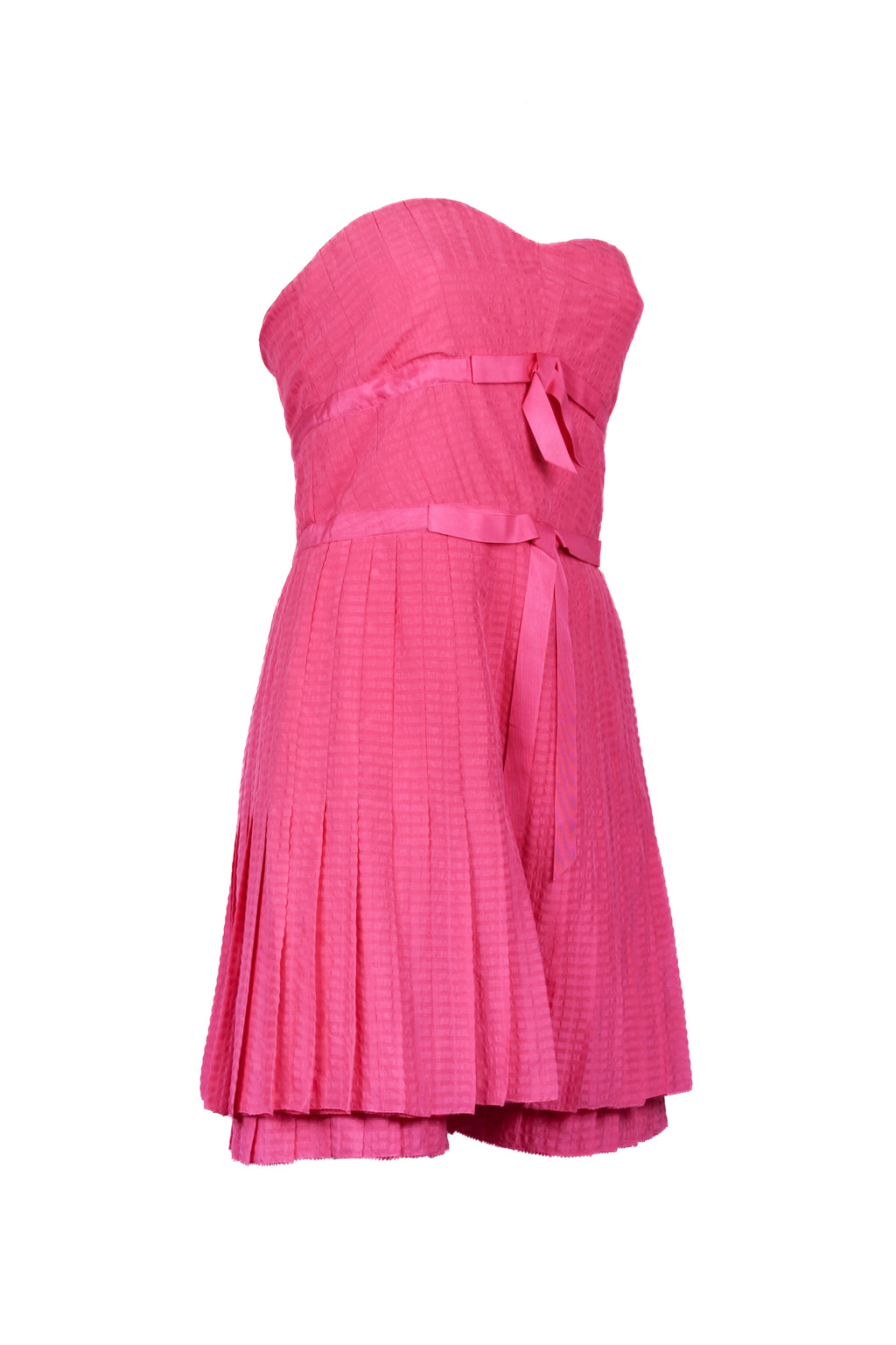 Pink Silk Pleated Mini Dress with Ribbons and Sweetheart Neckline