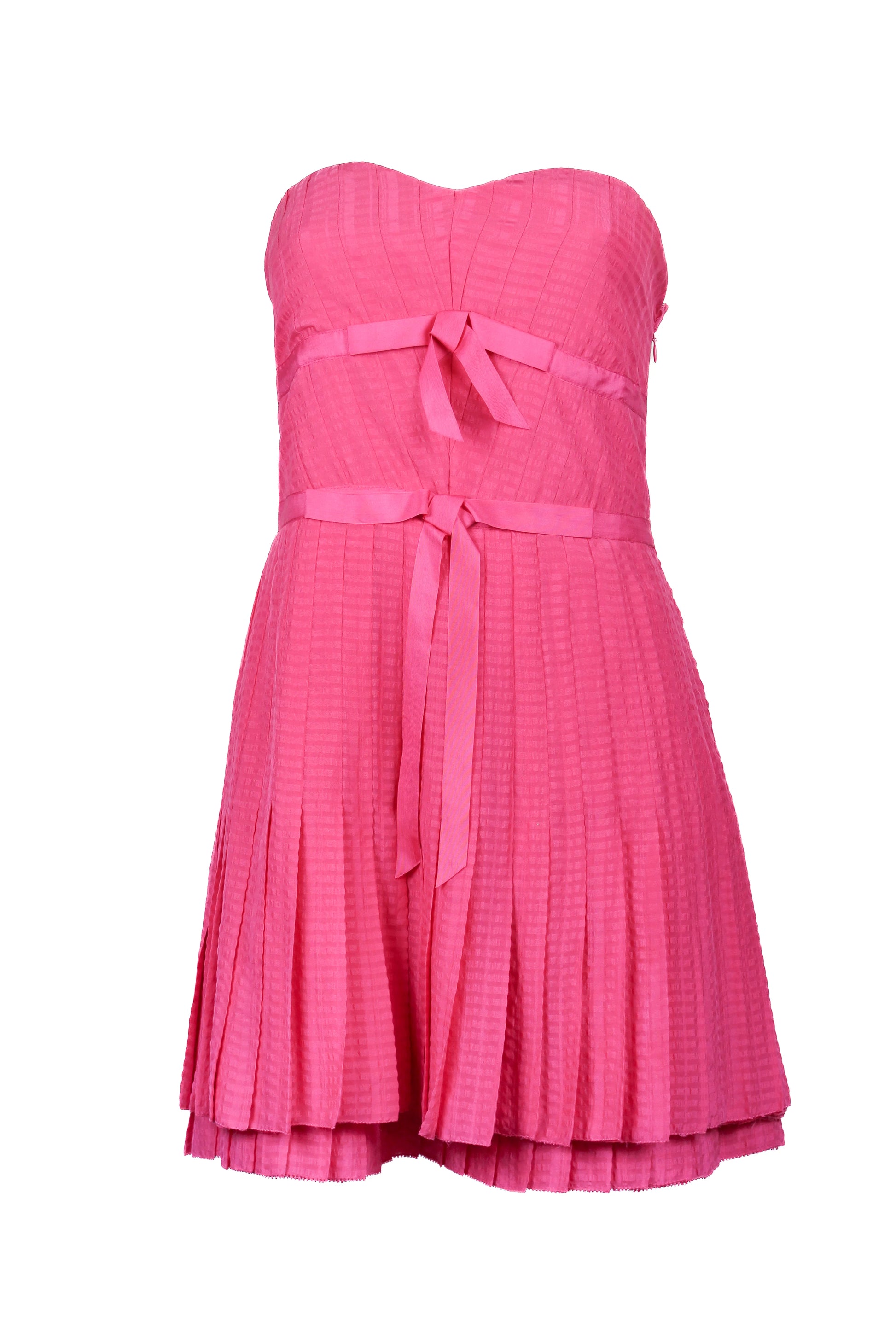 Pink Silk Pleated Mini Dress with Ribbons and Sweetheart Neckline